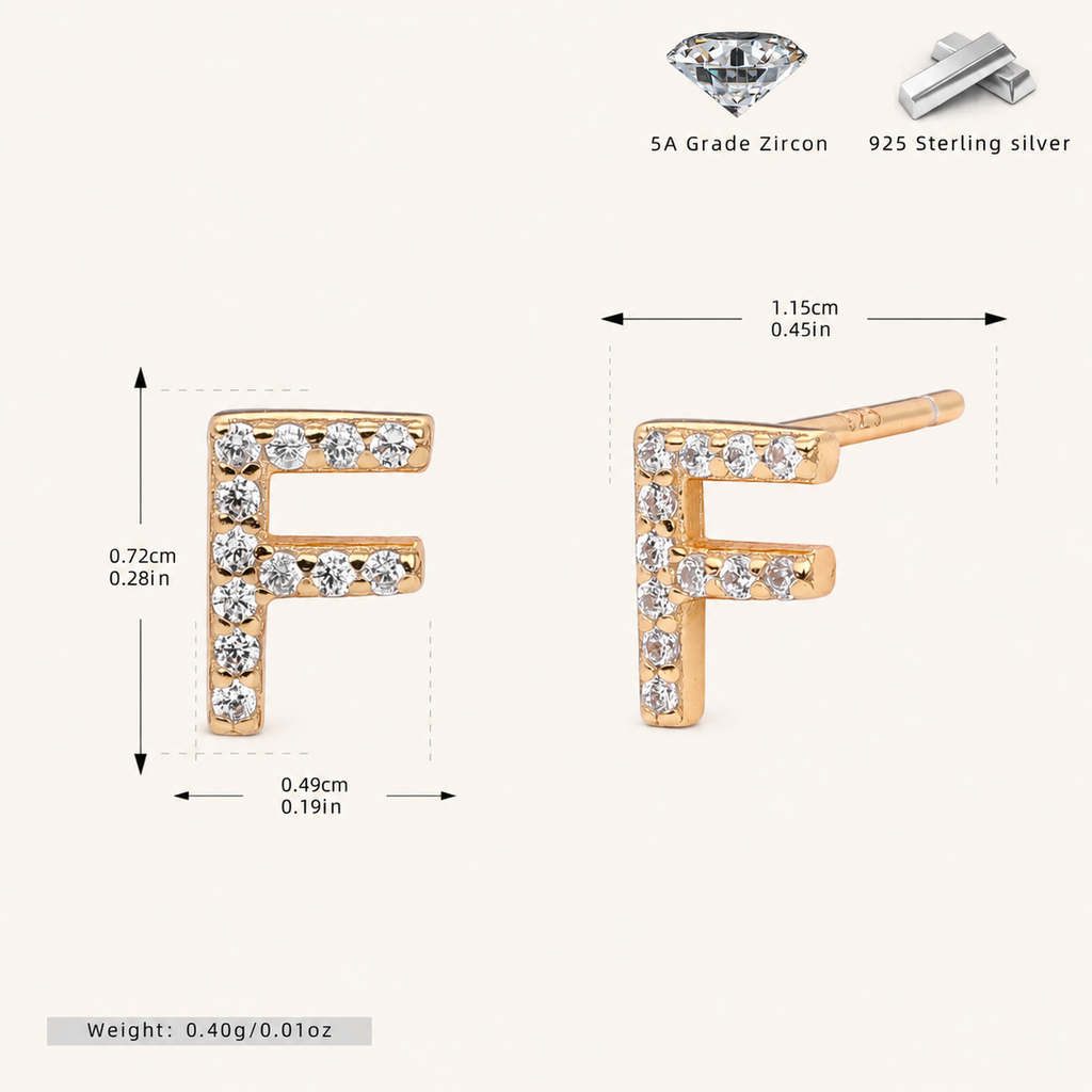 Sterling Silver Pave Initial Letter Stud Earrings - Gold / F