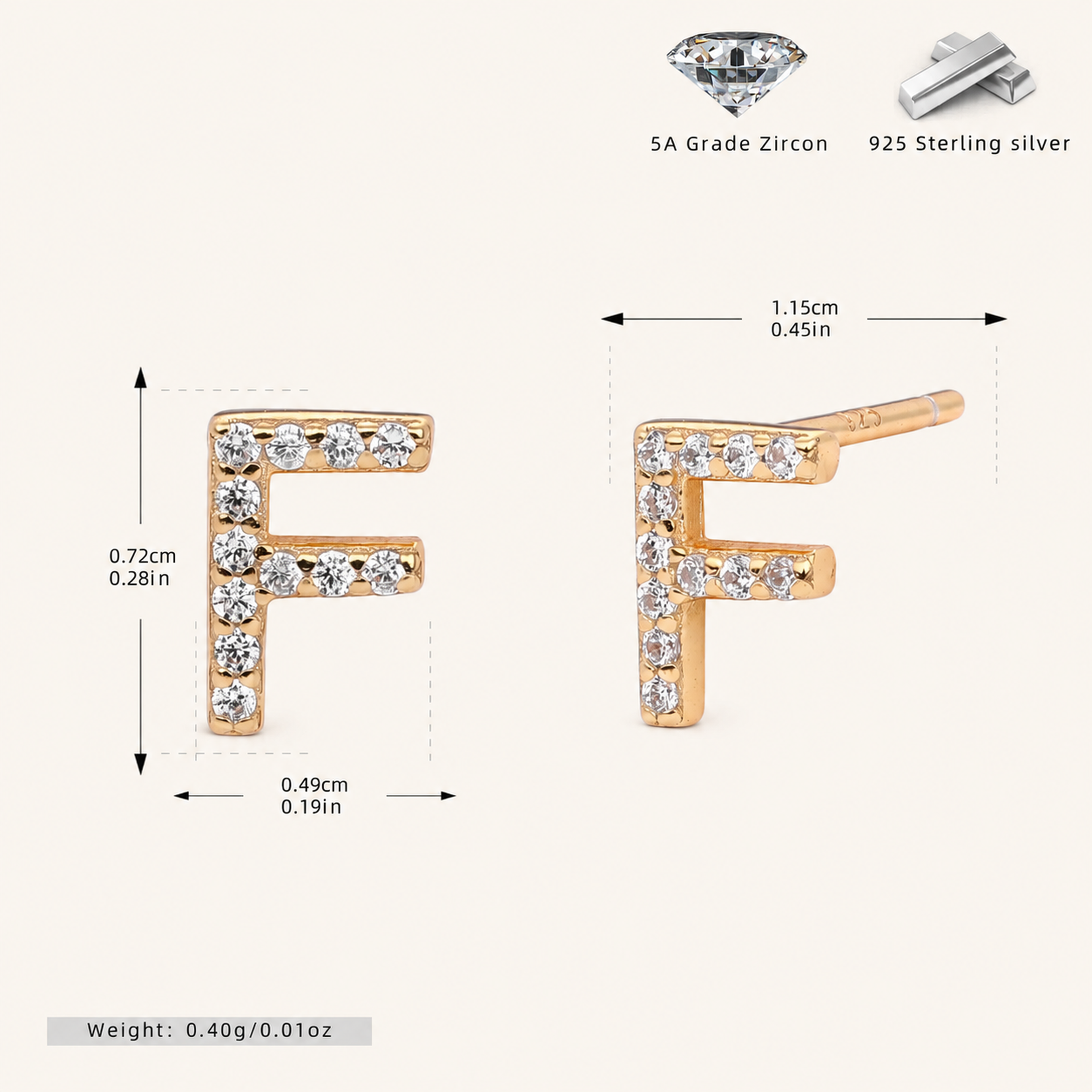 Sterling Silver Pave Initial Letter Stud Earrings - Gold / F