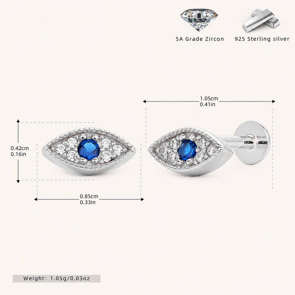 Sterling Silver Evil Eye Zirconia Flat Back Earrings - Platinum