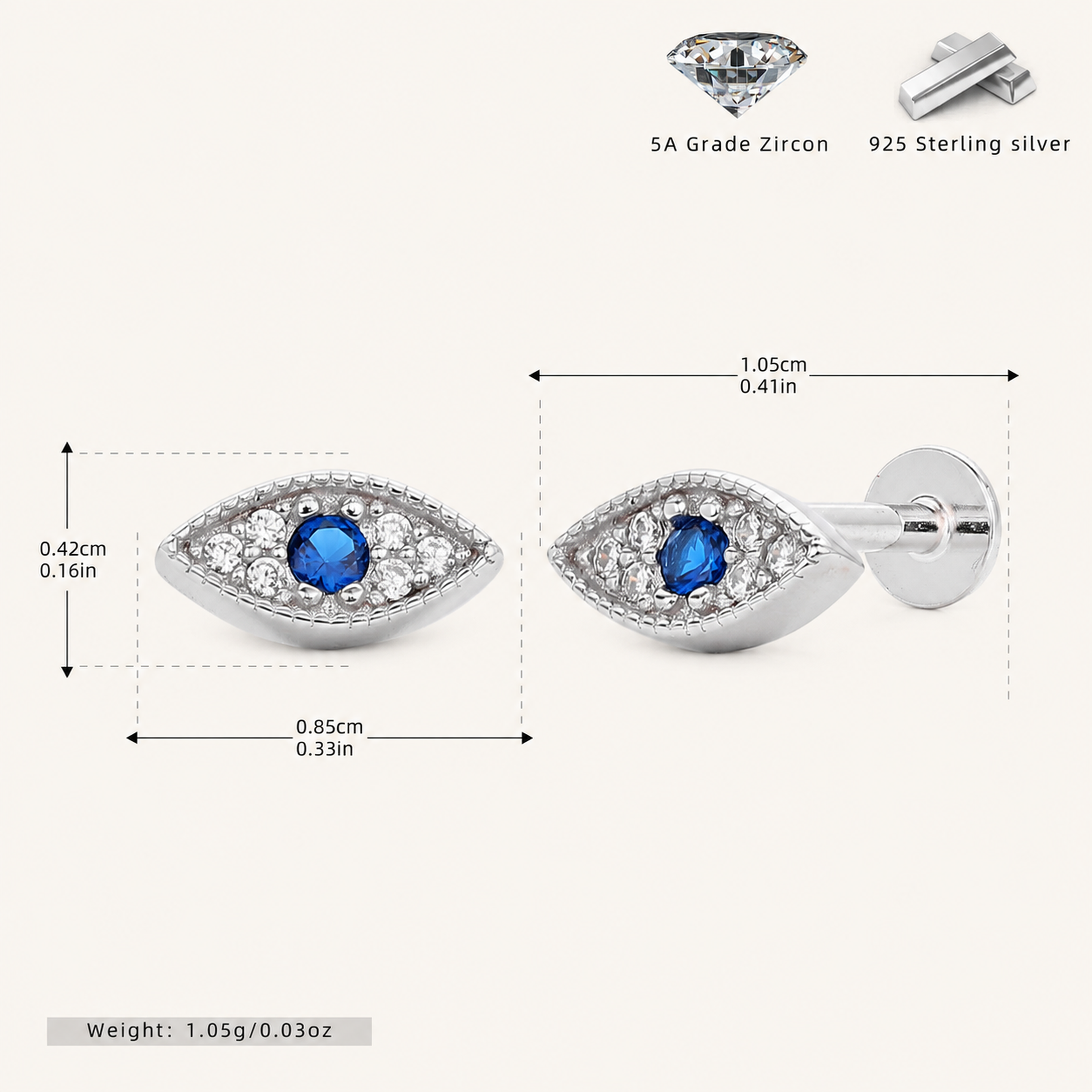 Sterling Silver Evil Eye Zirconia Flat Back Earrings - Platinum