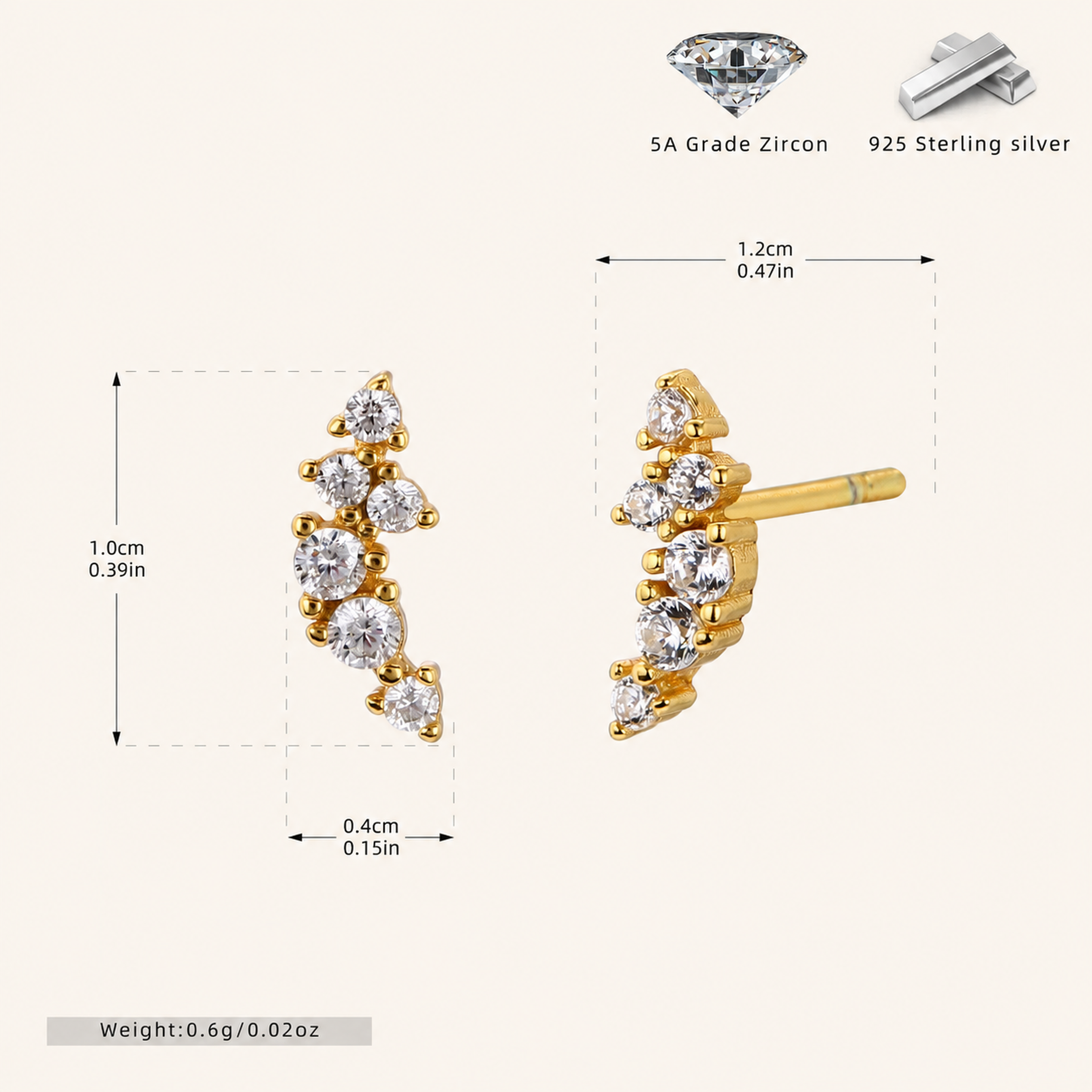 Sterling Silver French Pavé Zirconia Stud Earrings - Gold