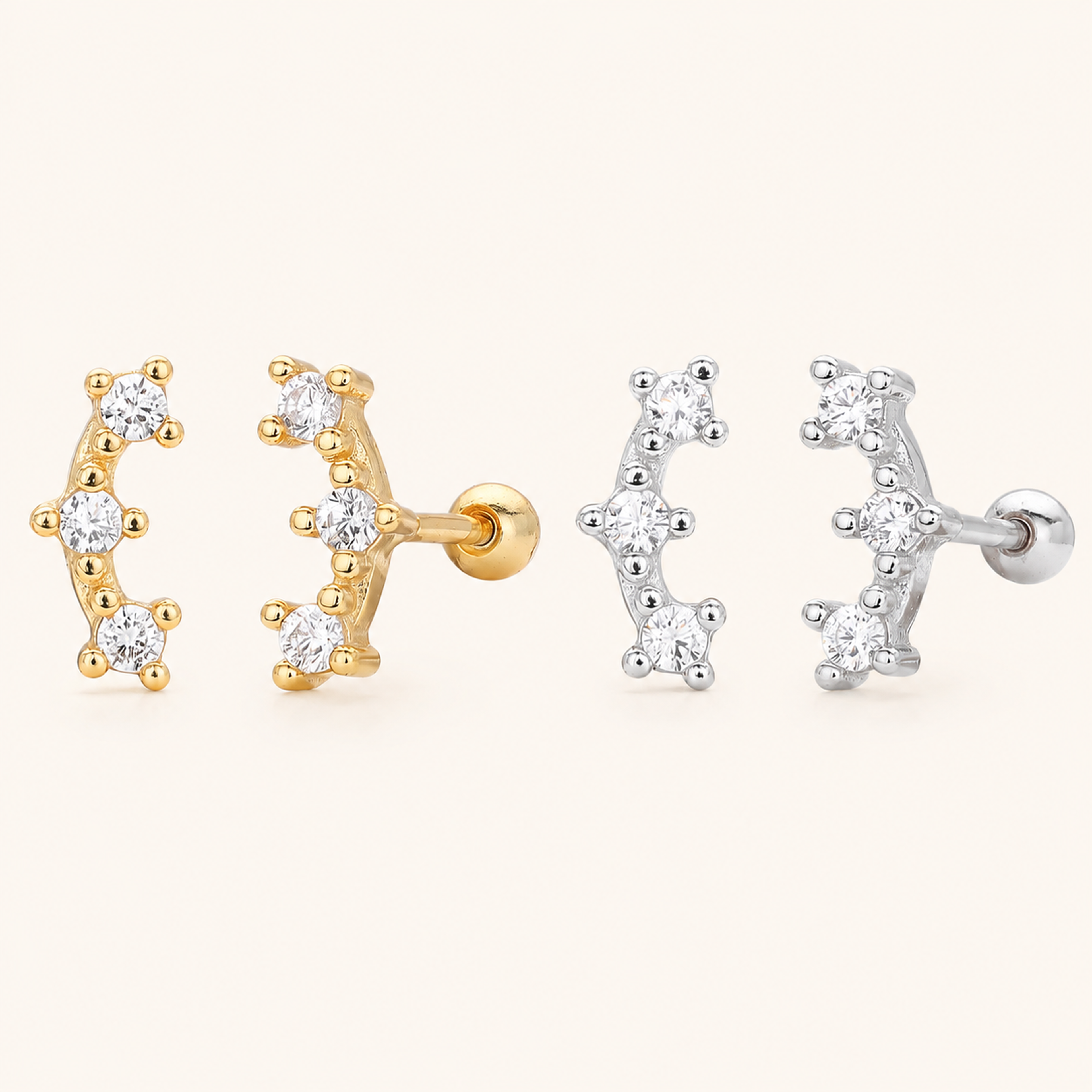 Sterling Silver Triple Star Zirconia Flat Back Earrings