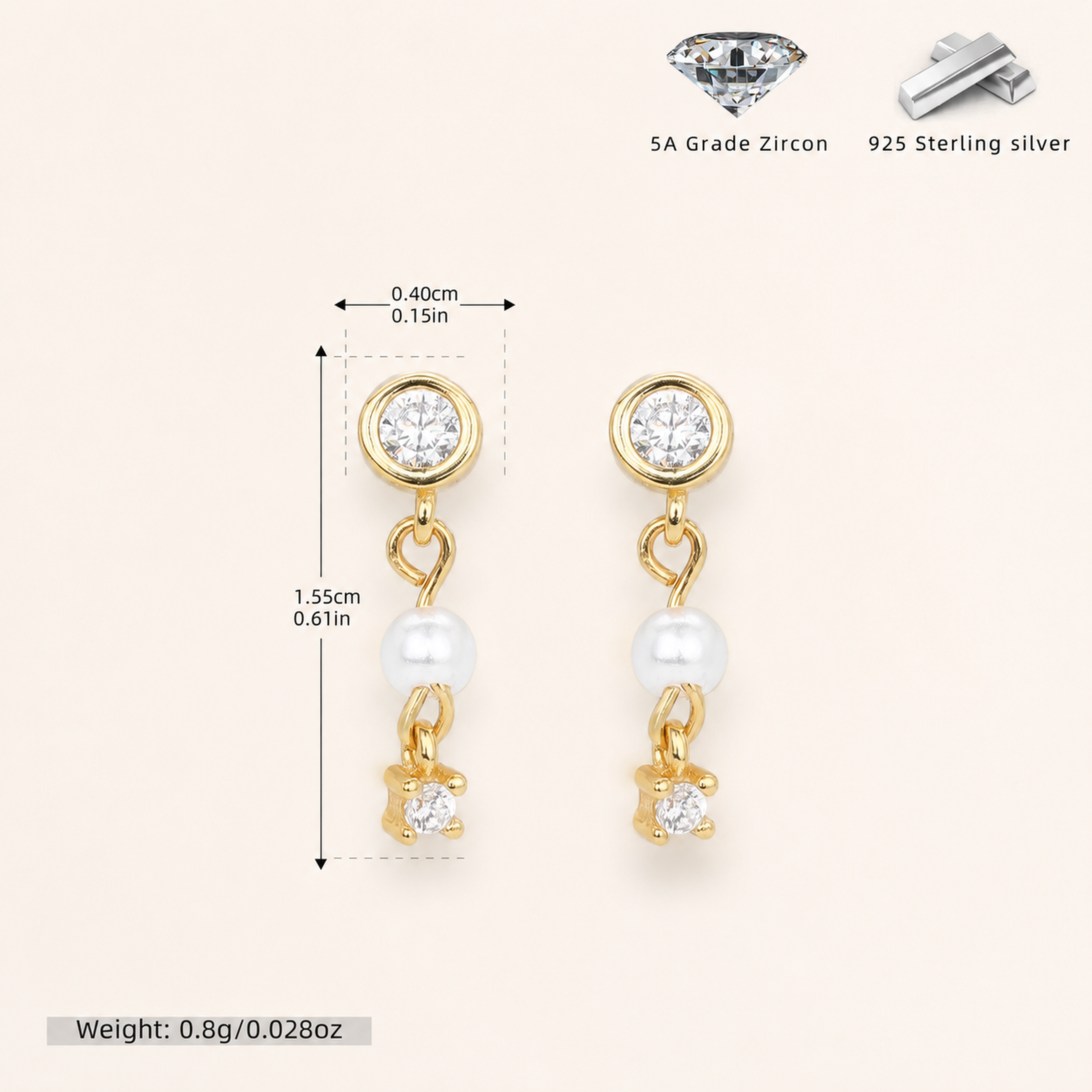 Sterling Silver Pearl & Zirconia Chain Drop Stud Earrings - Gold / 2