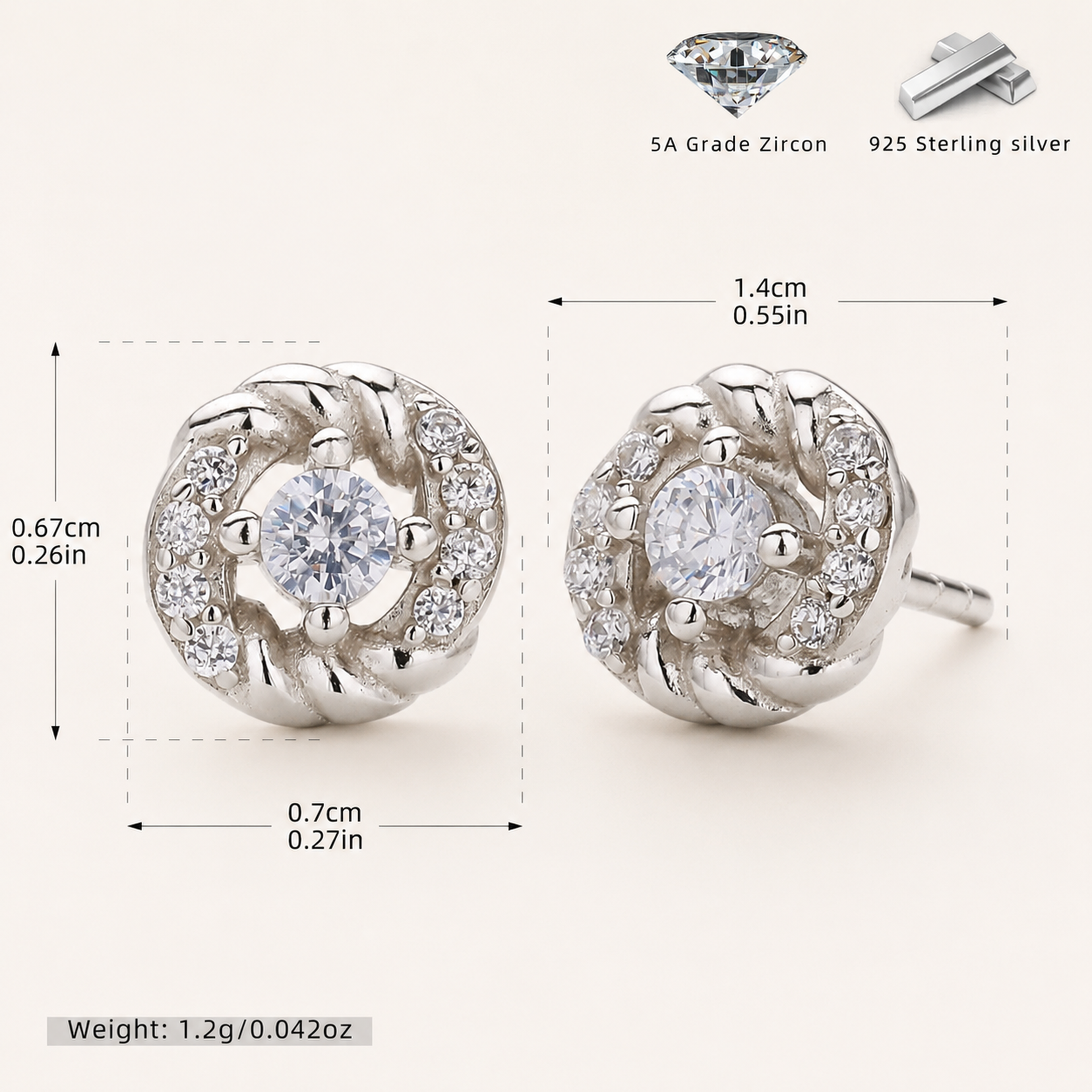 Sterling Silver Zirconia Twist Stud Earrings - Platinum