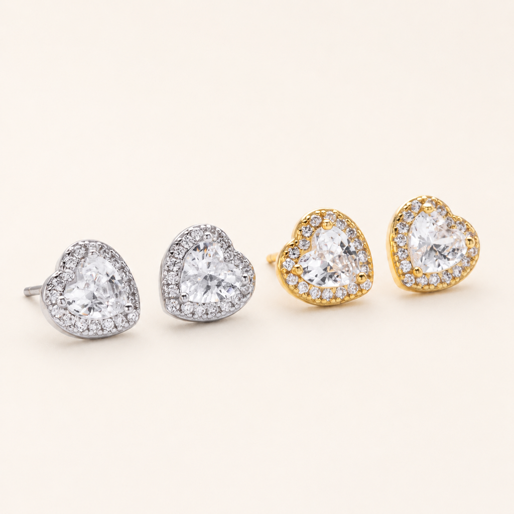 Sterling Silver Pave Heart Zirconia Stud Earrings detail view