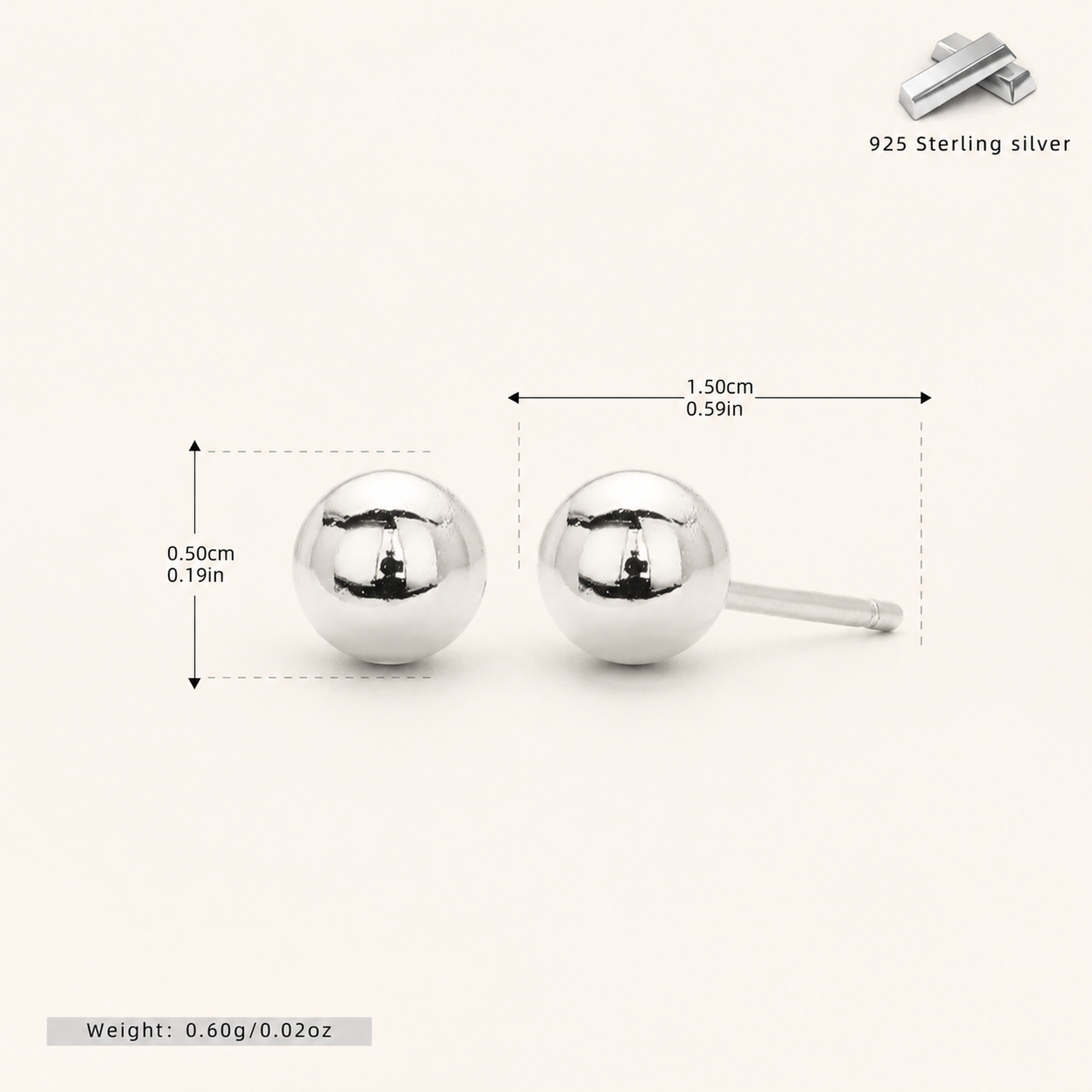 Sterling Silver Ball Bead Stud Earrings - Platinum / 5mm
