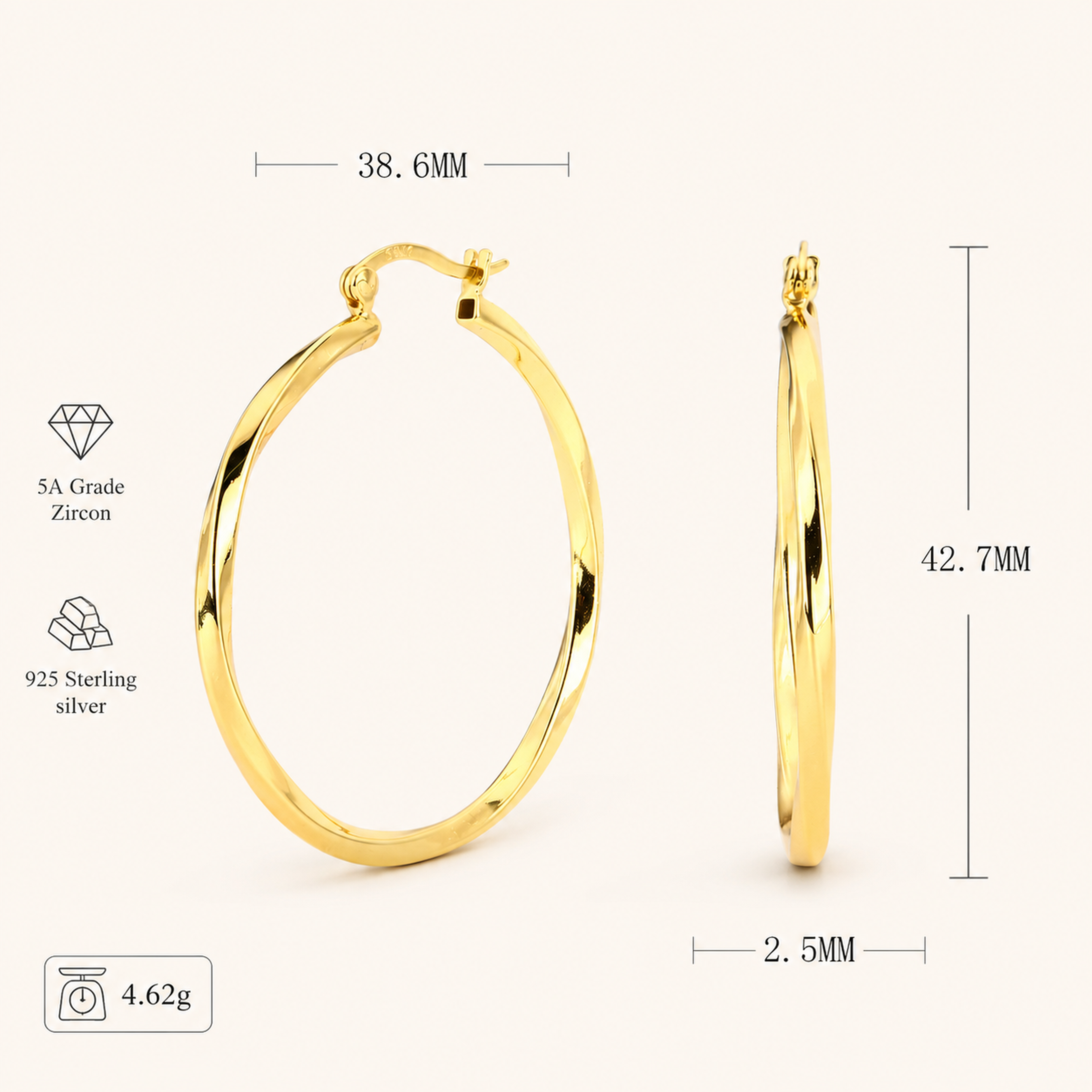 Sterling Silver Twisted Hollow Hoop Earrings - Gold / 40mm