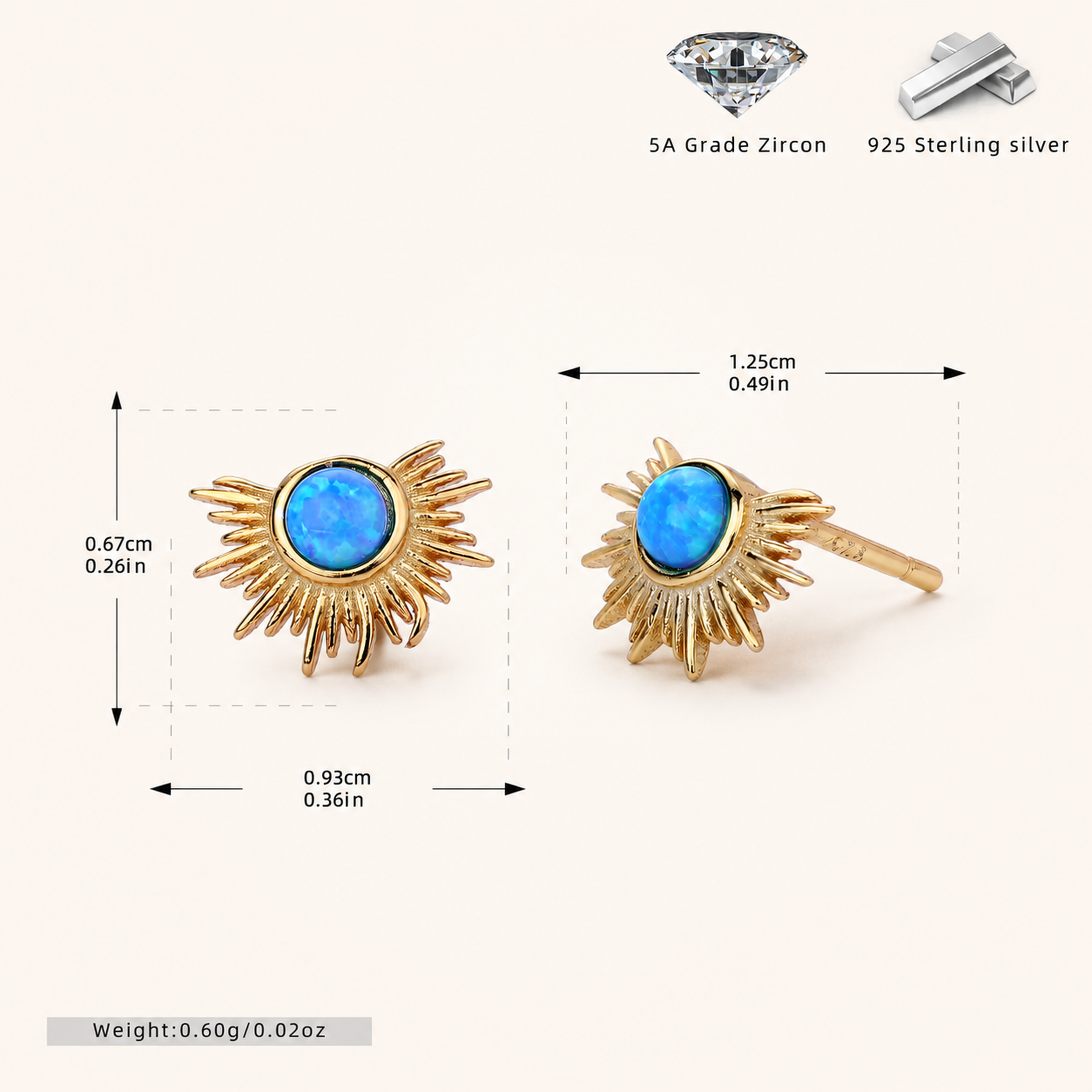 Sterling Silver French Fan Opal Stud Earrings - Gold / Blue