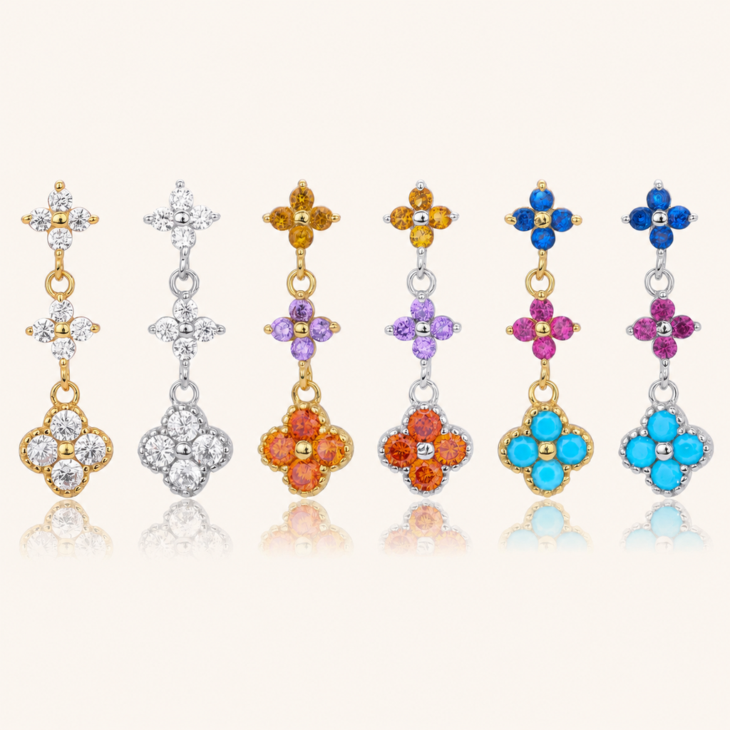 Sterling Silver Colored Zirconia Flower Stud Earrings