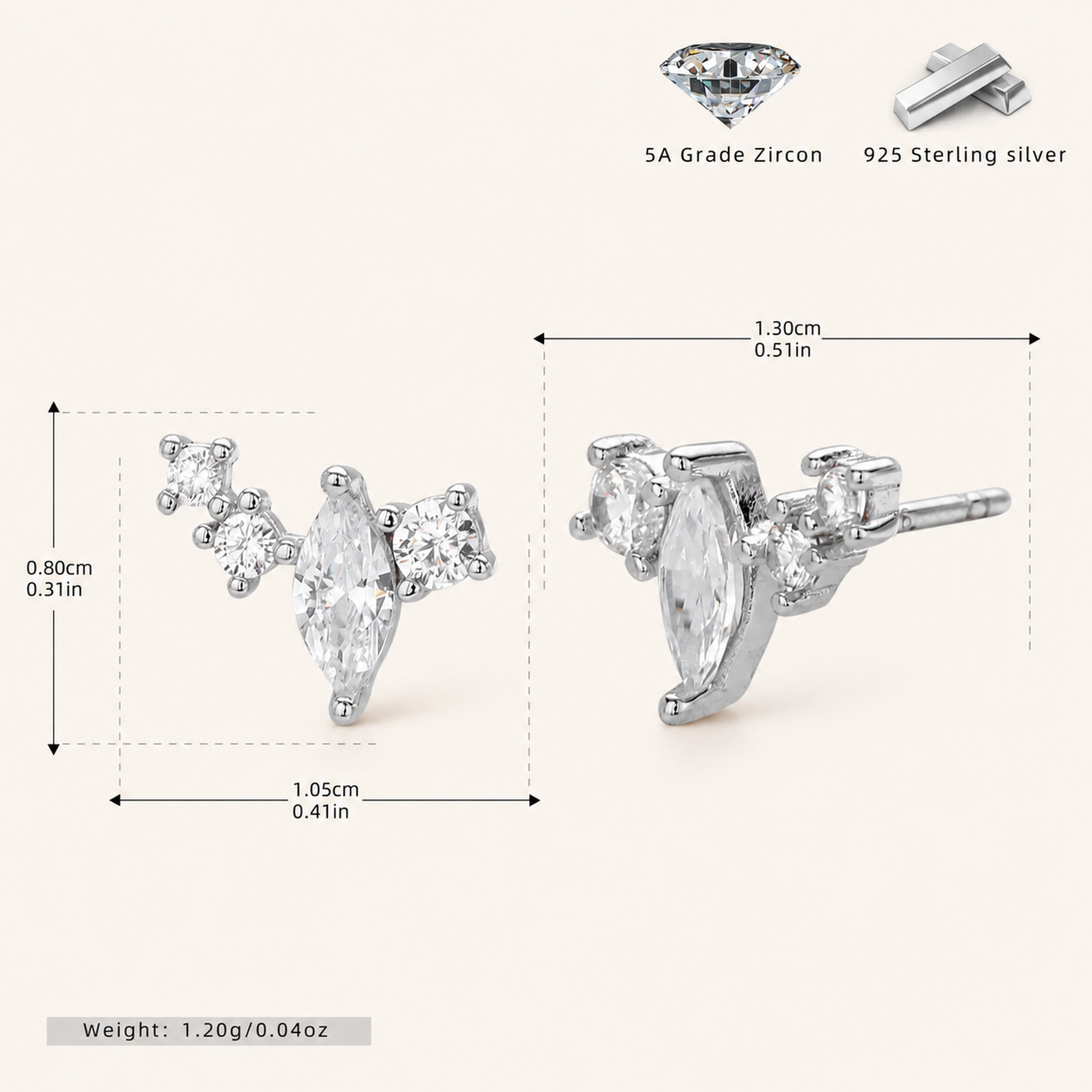 Sterling Silver Sparkling Zirconia Stud Earrings - Platinum