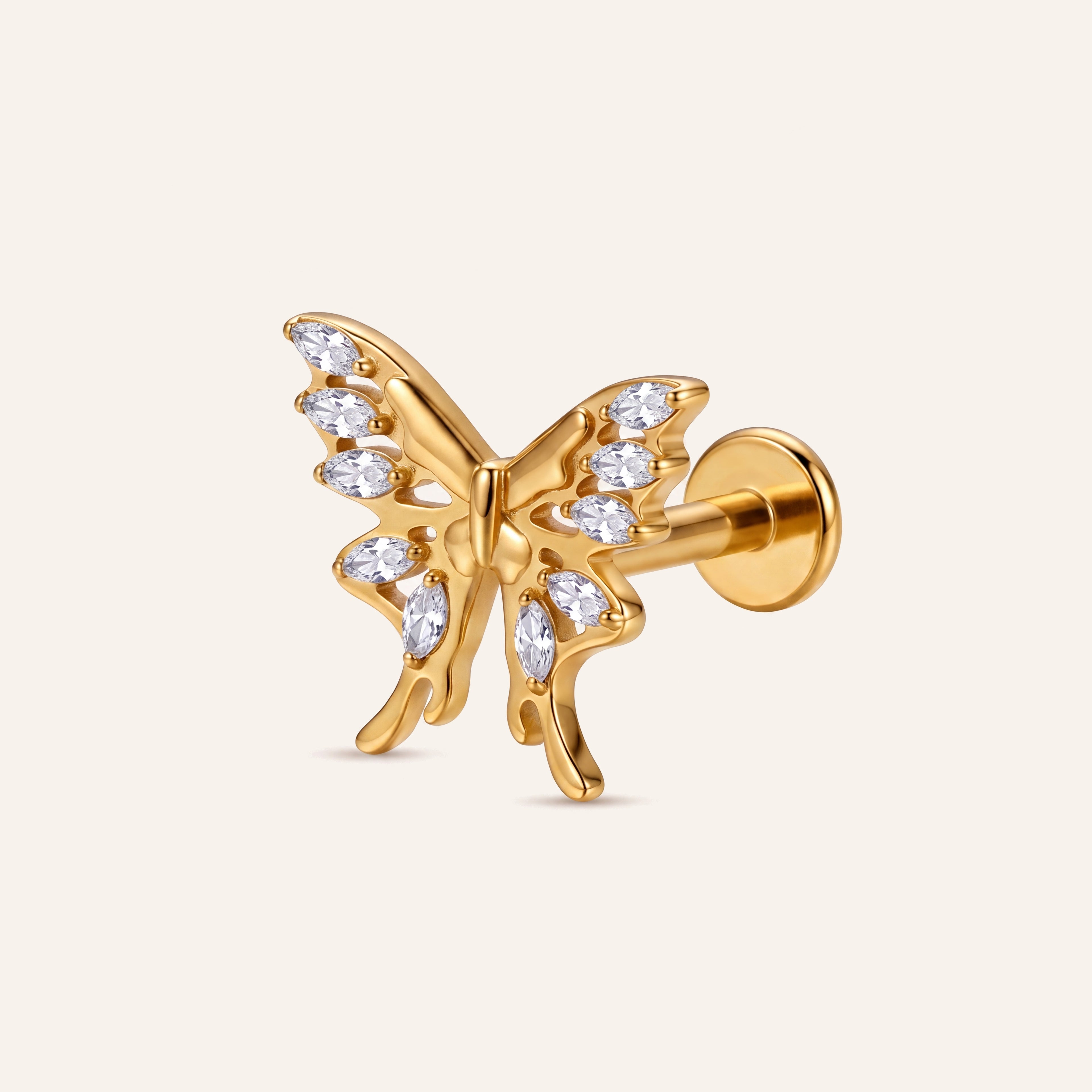 Open Butterfly Crystal Titanium Flat Back Earring - Gold