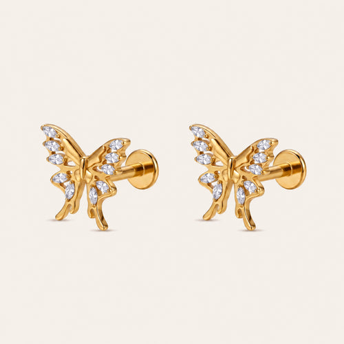 Open Butterfly Crystal Titanium Flat Back Earring - Gold