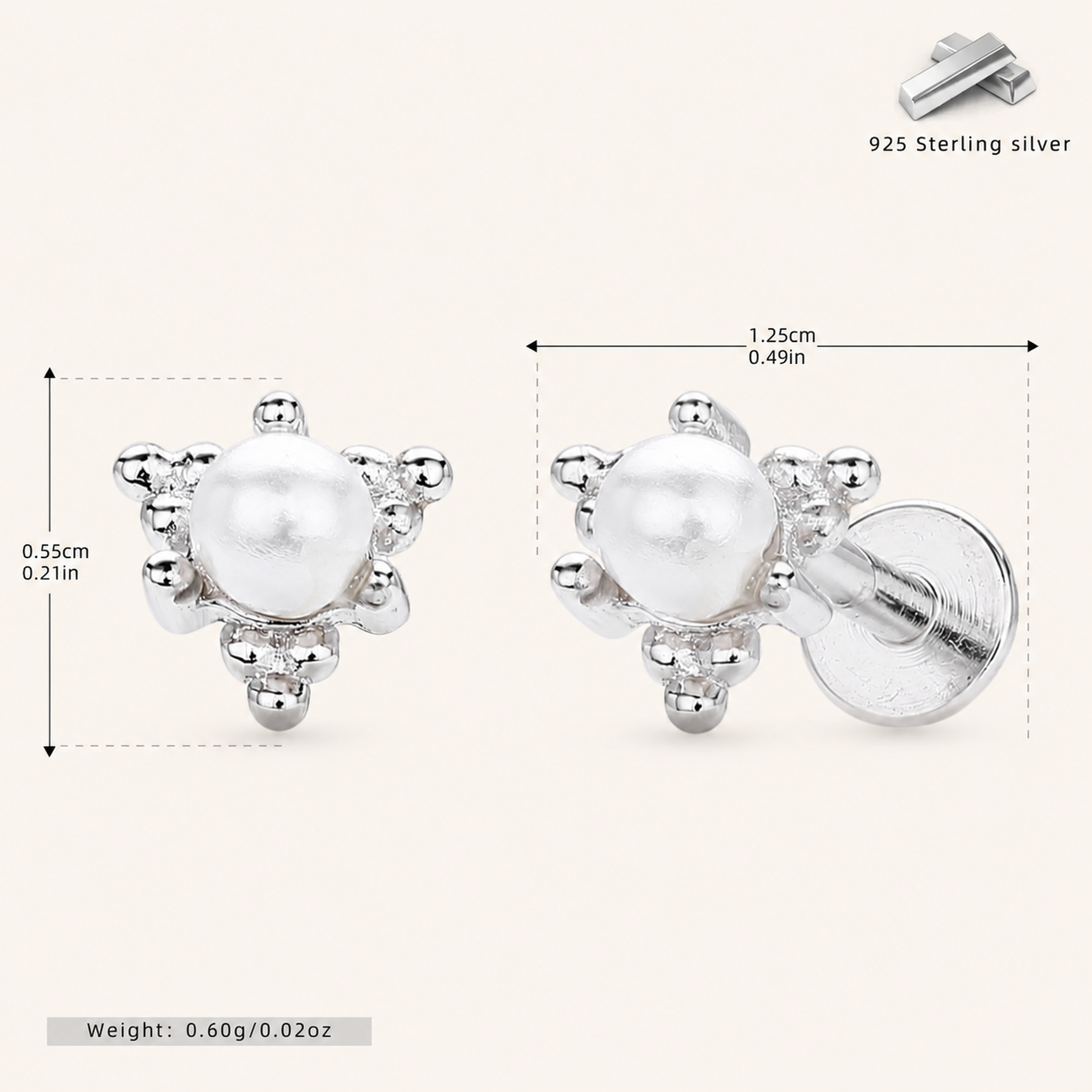 Sterling Silver Freshwater Pearl Stud Earrings - Platinum
