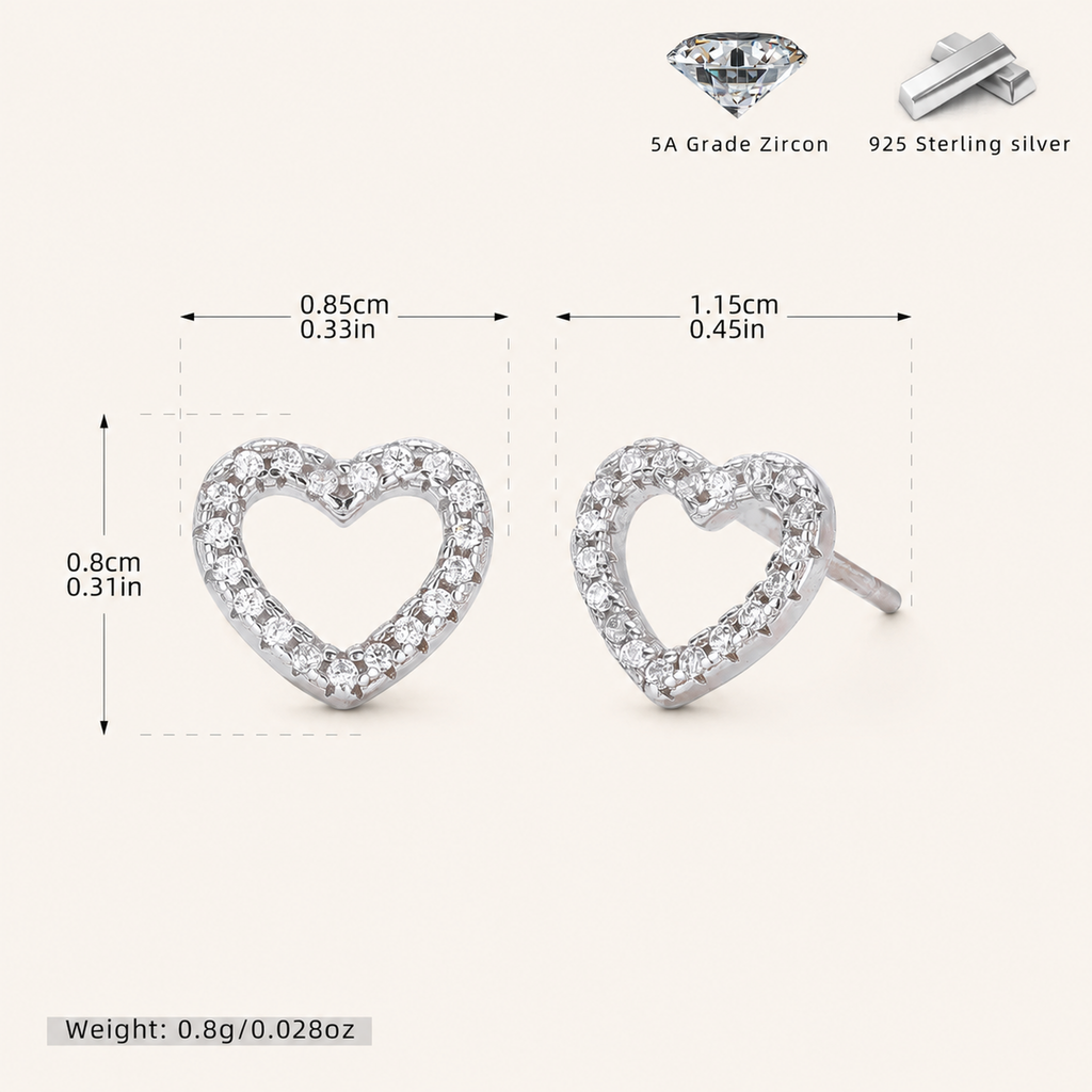 Sterling Silver Zirconia Heart Stud Earrings - Platinum
