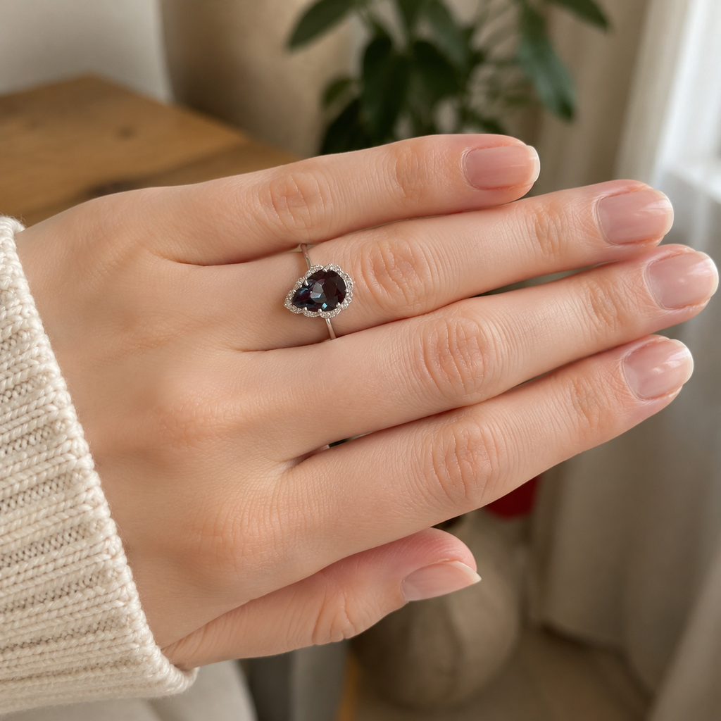 Petal Veil Lab-Grown Alexandrite Ring worn on hand
