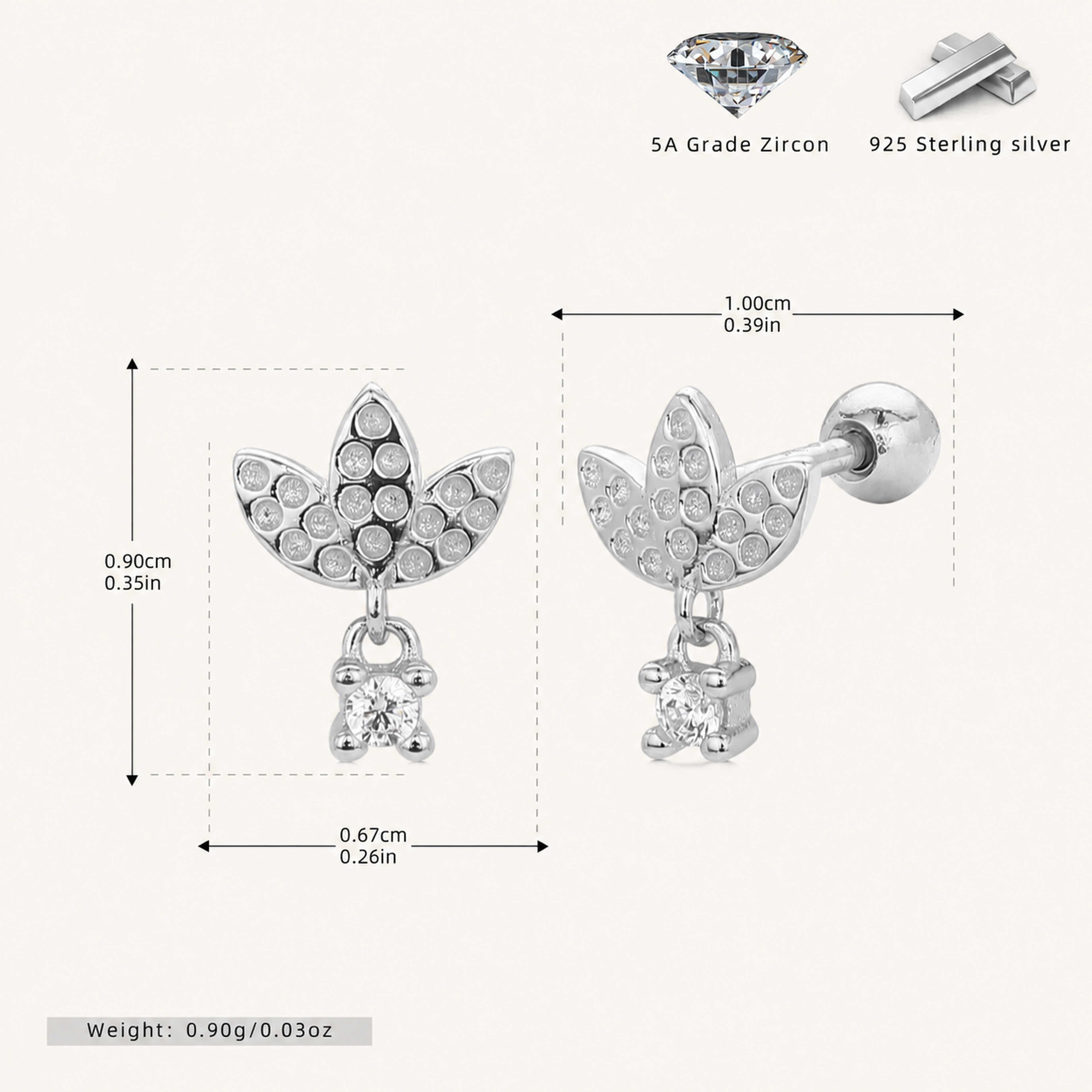 Sterling Silver Lotus Zirconia Flat Back Earrings - Platinum