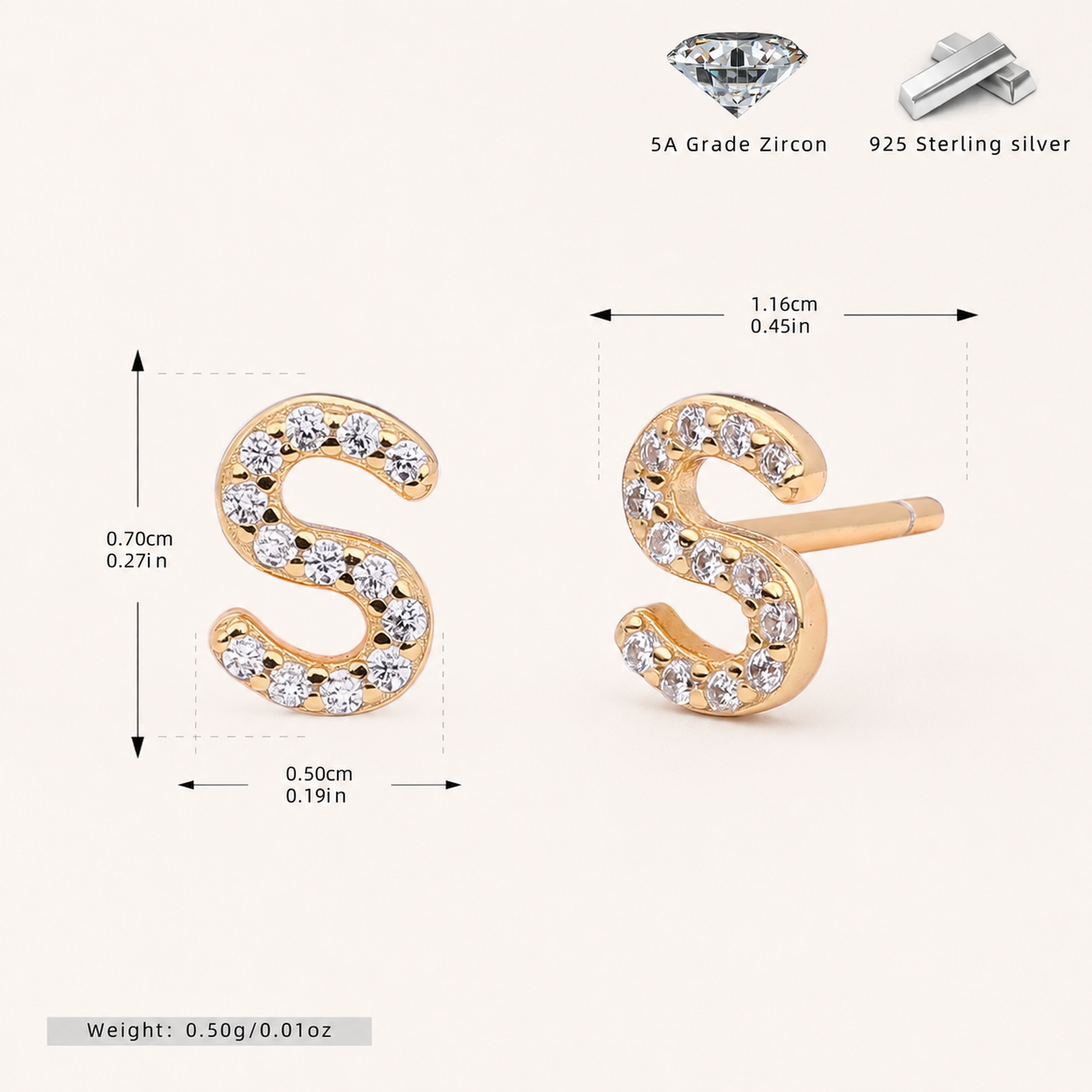 Sterling Silver Pave Initial Letter Stud Earrings - Gold / S