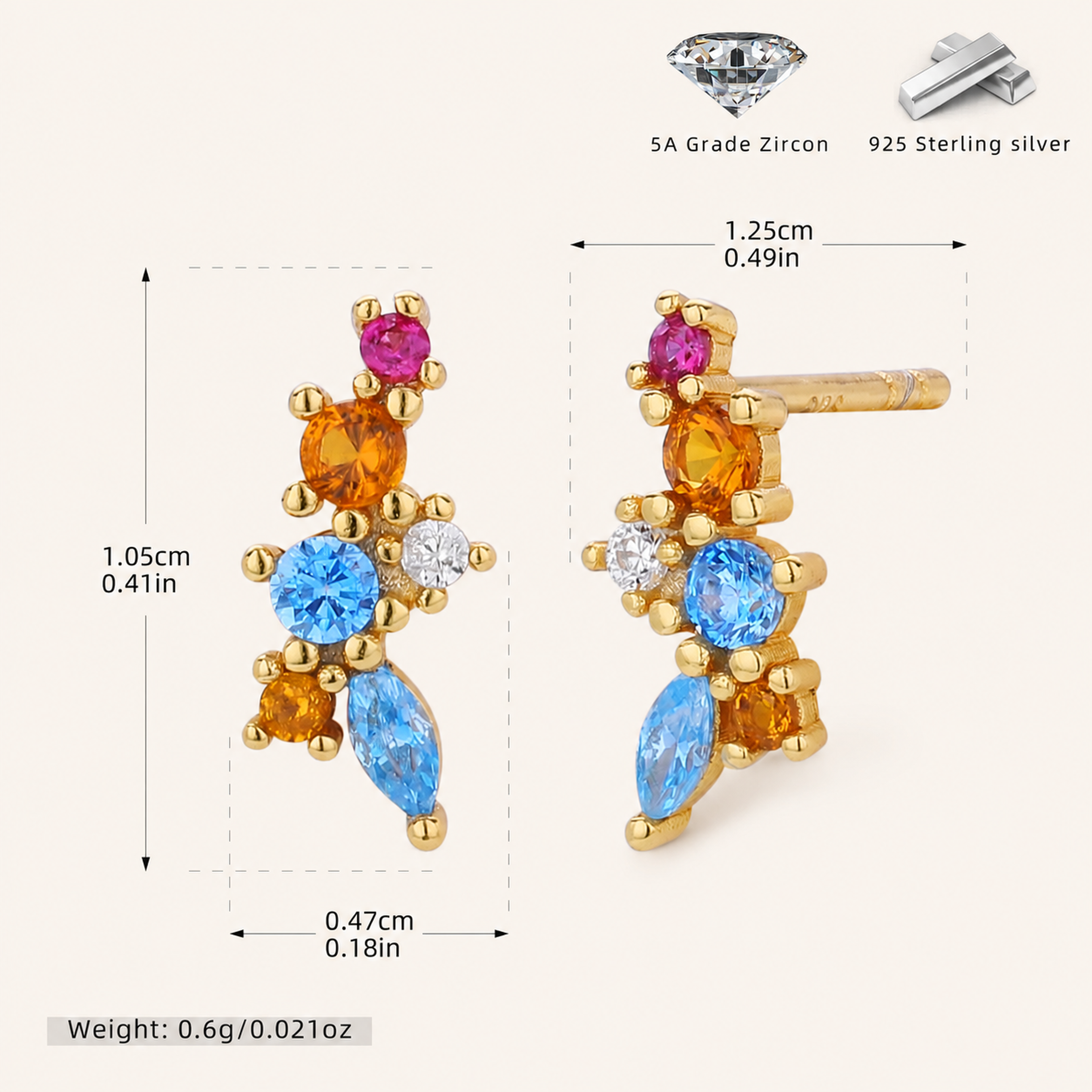 Sterling Silver Colorful Zirconia Geometric Stud Earrings - Gold