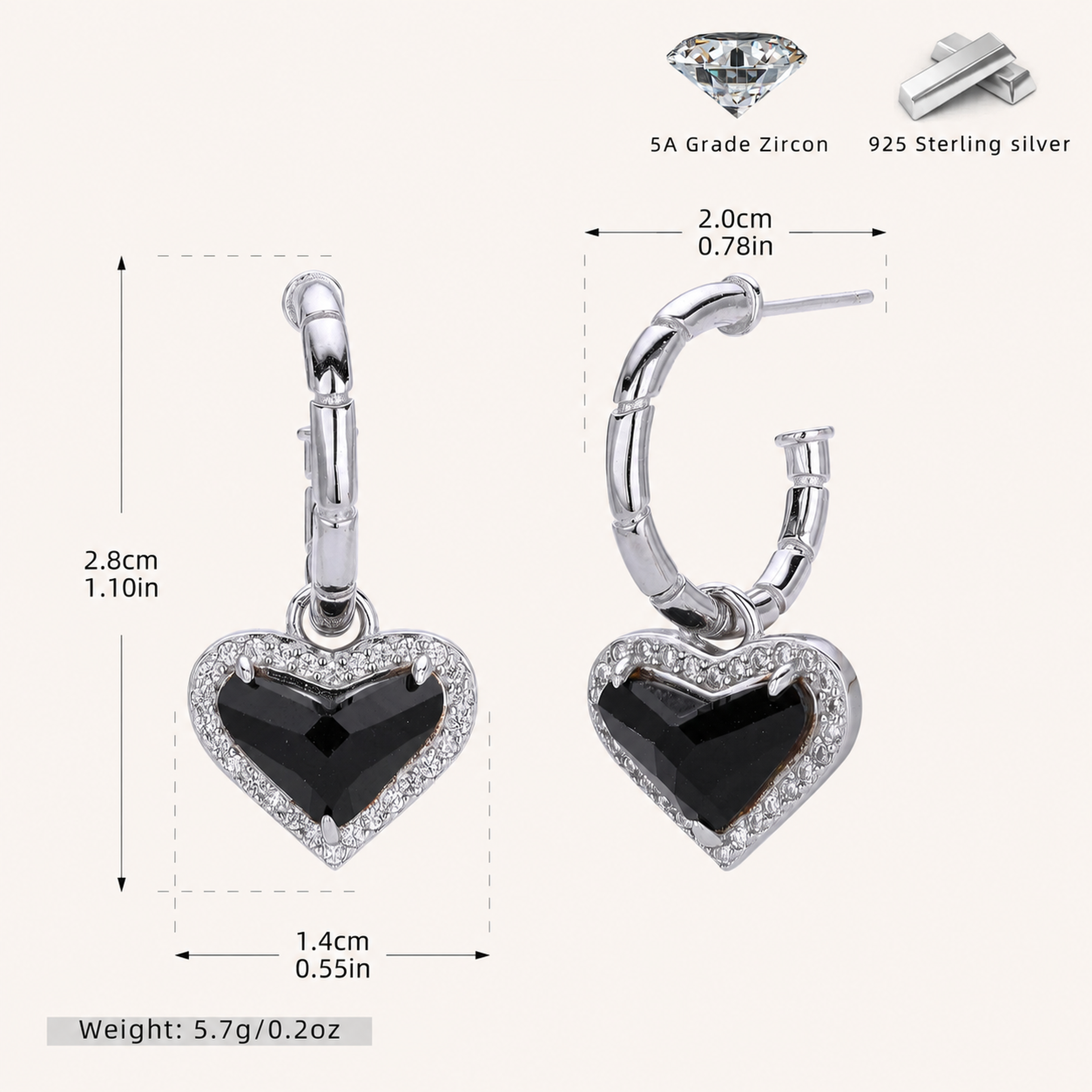 Sterling Silver Zirconia Heart Stud Earrings - Platinum