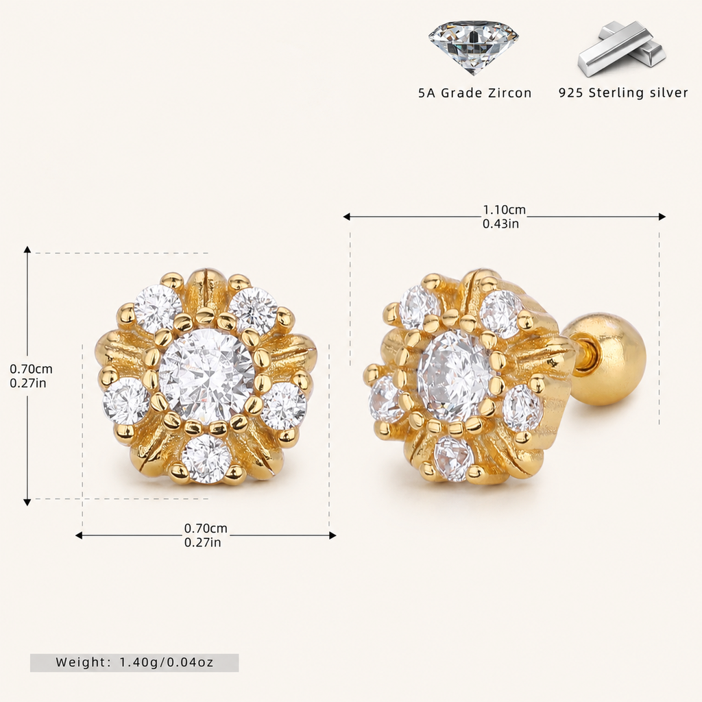 Sterling Silver Sunflower Flat Back Earrings - Gold