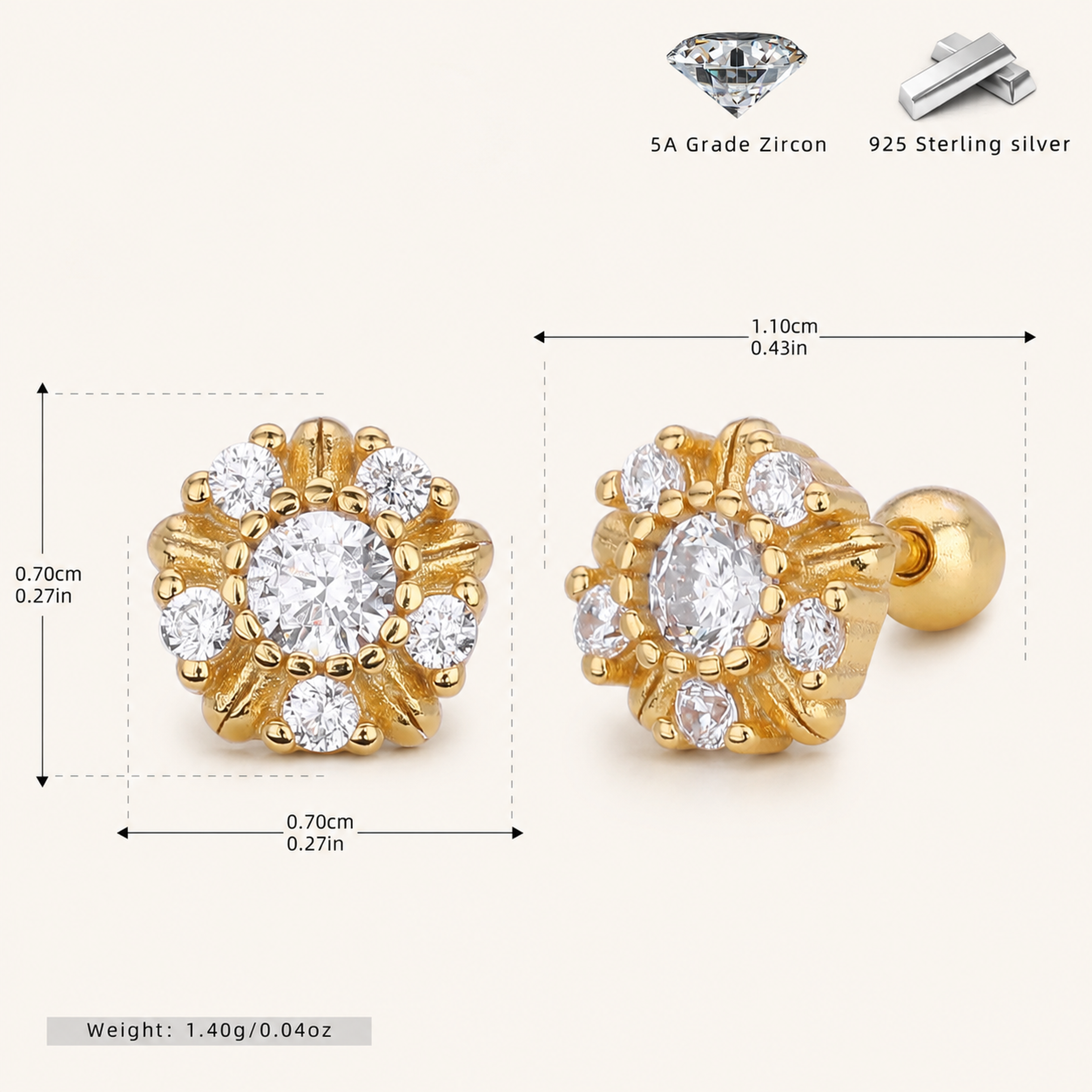 Sterling Silver Sunflower Flat Back Earrings - Gold