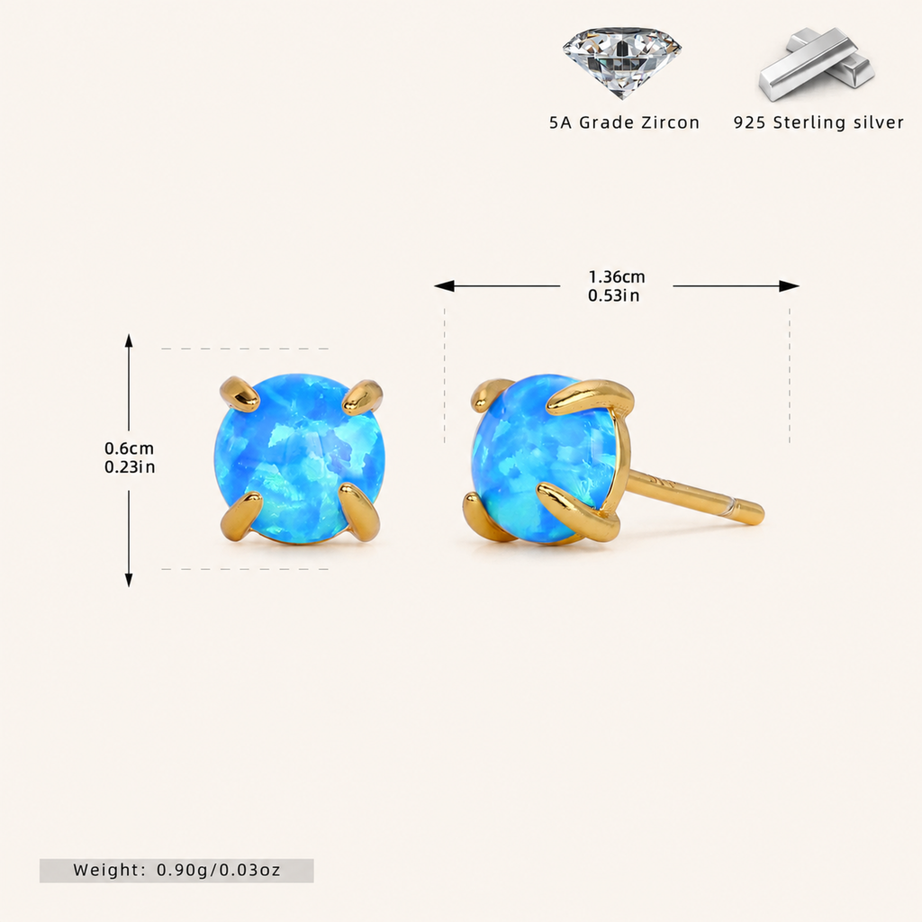 Sterling Silver Mini Opal Stud Earrings - Gold / 6mm / Blue Opal