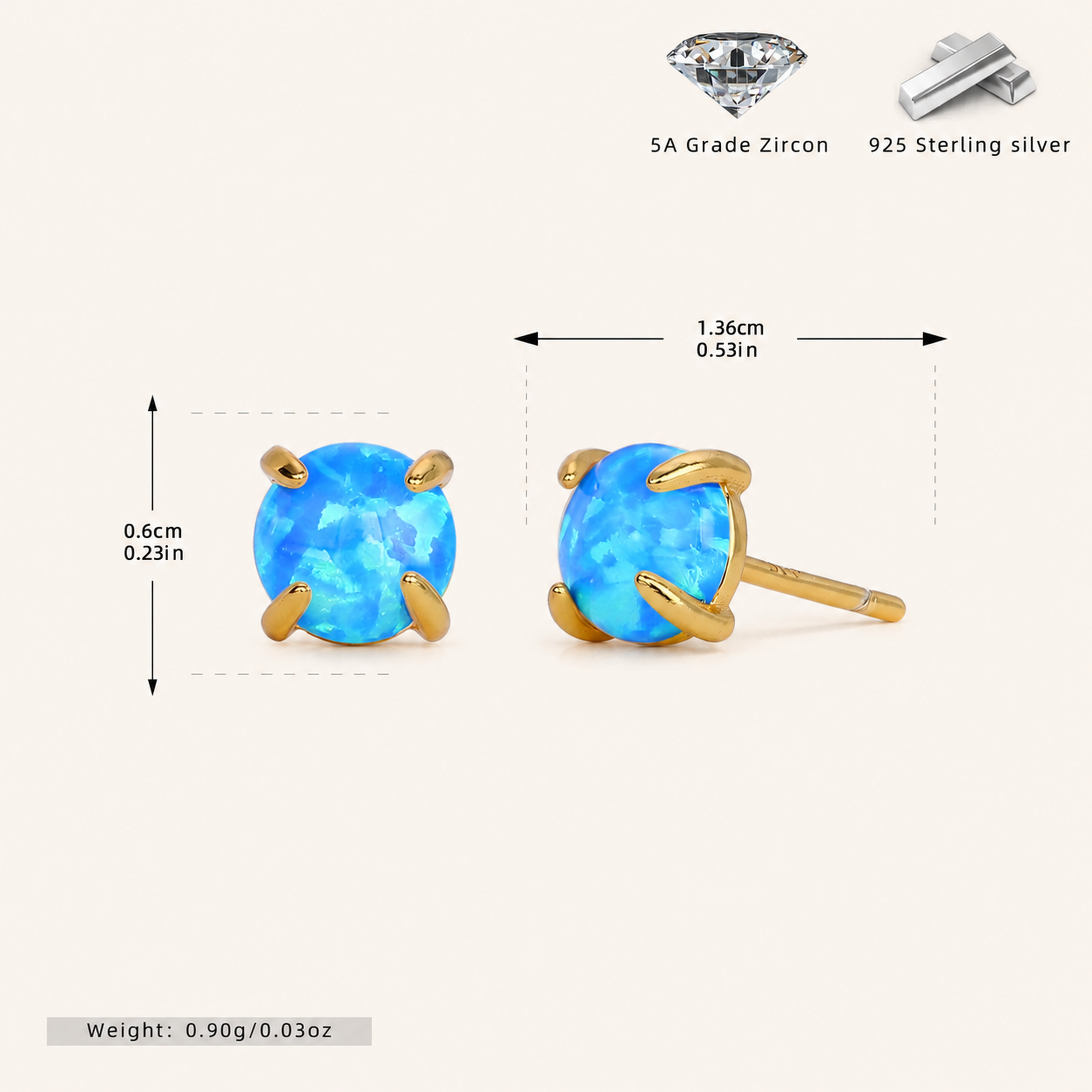 Sterling Silver Mini Opal Stud Earrings - Gold / 6mm / Blue Opal