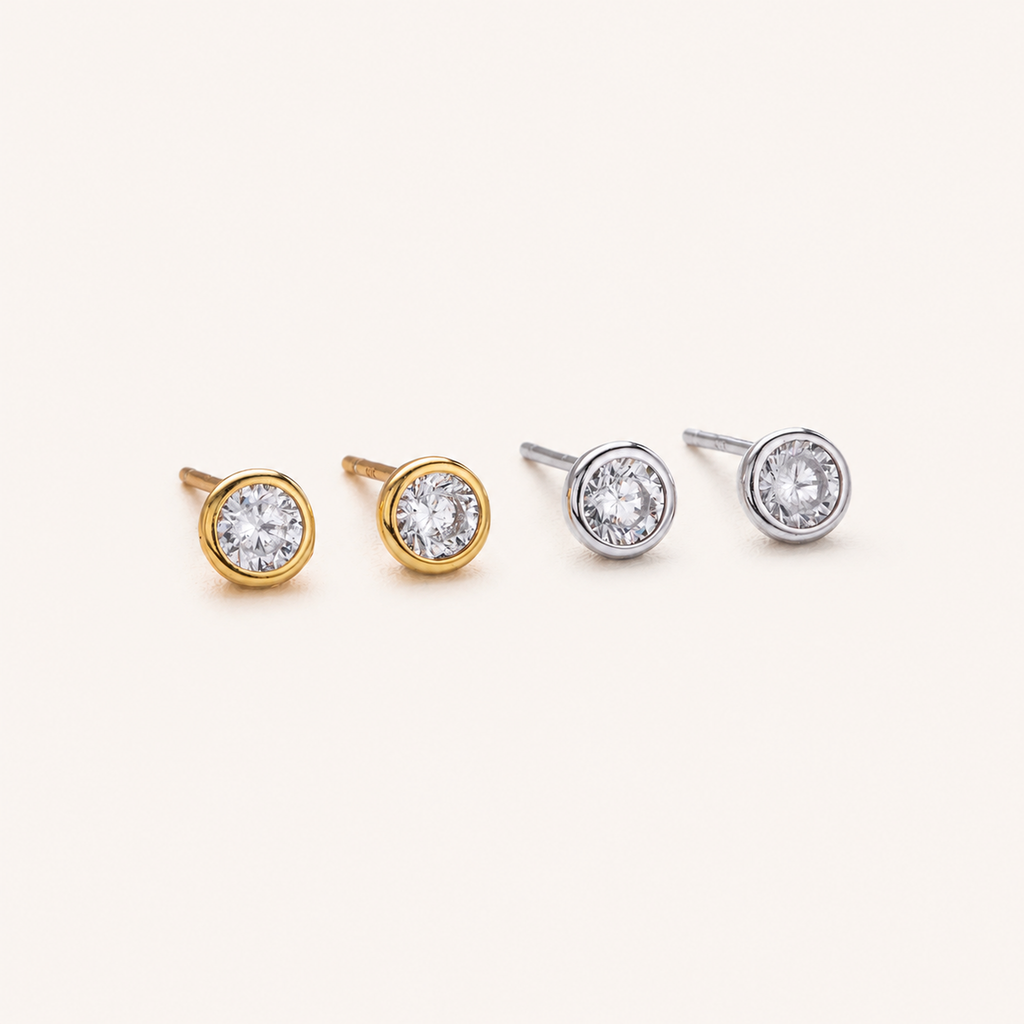 Sterling Silver Round Zirconia Stud Earrings detail view