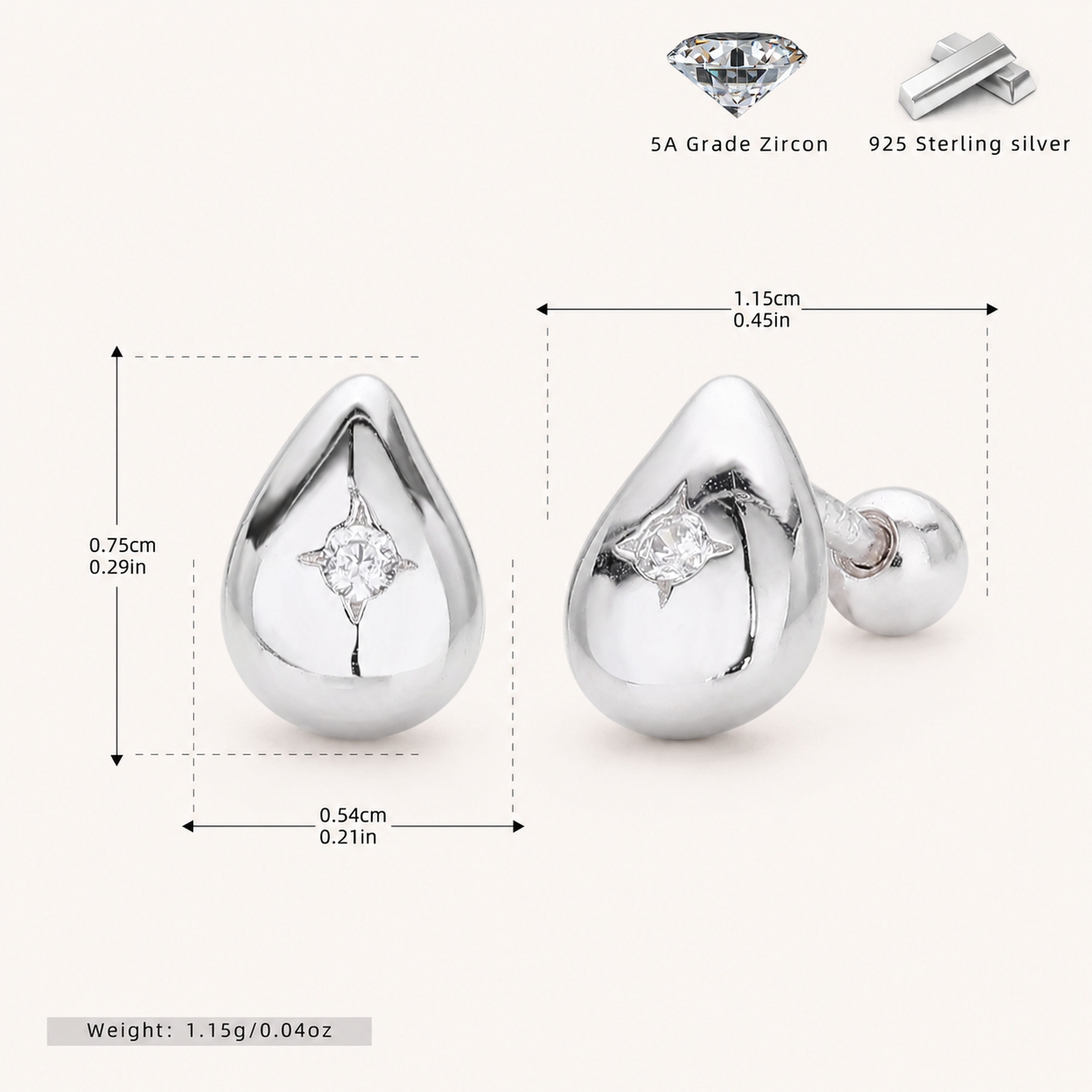 Sterling Silver Minimalist Zirconia Flat Back Earrings - Platinum