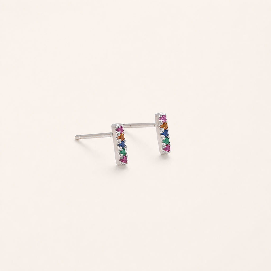 Sterling Silver Rainbow Rectangle Zirconia Stud Earrings detail view