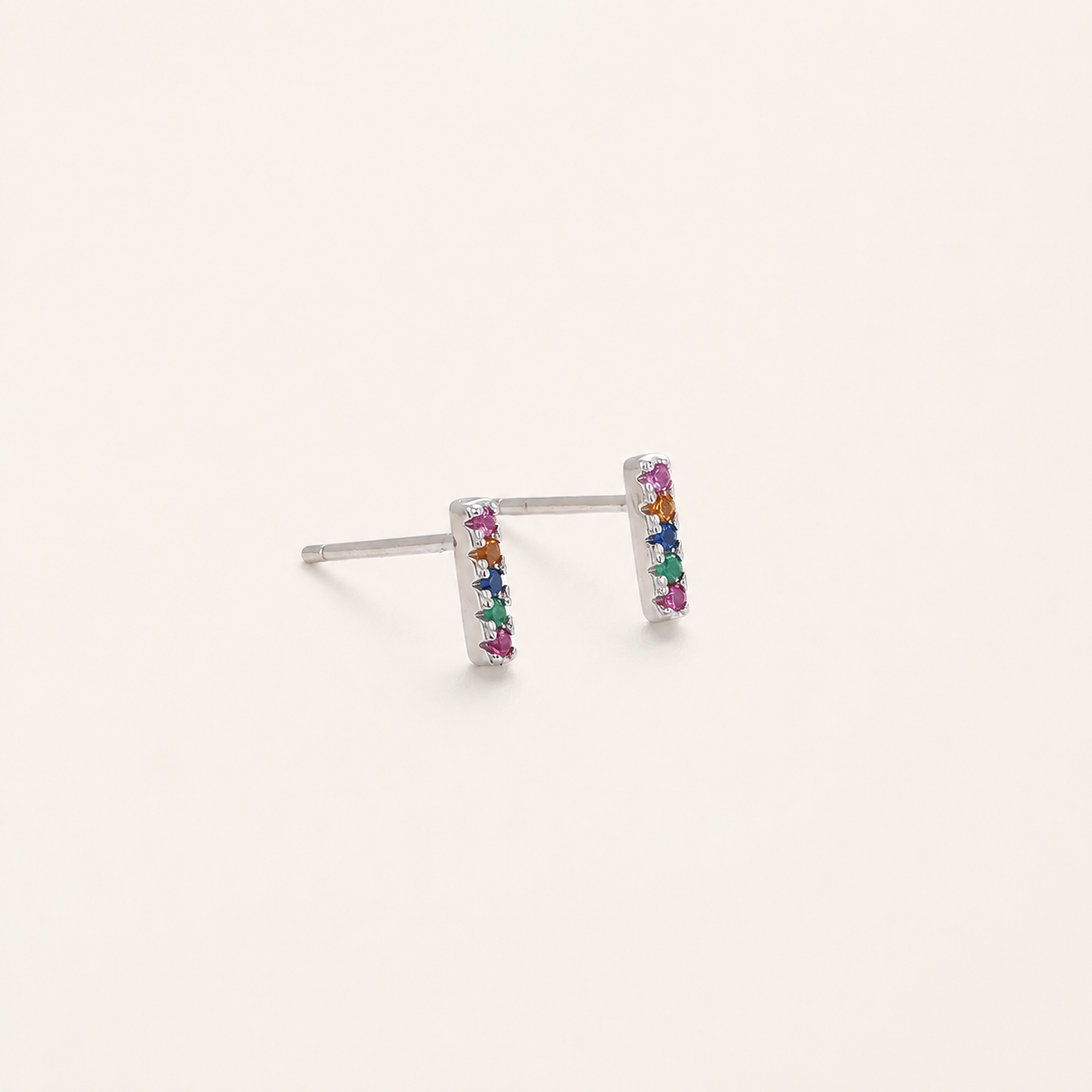 Sterling Silver Rainbow Rectangle Zirconia Stud Earrings detail view