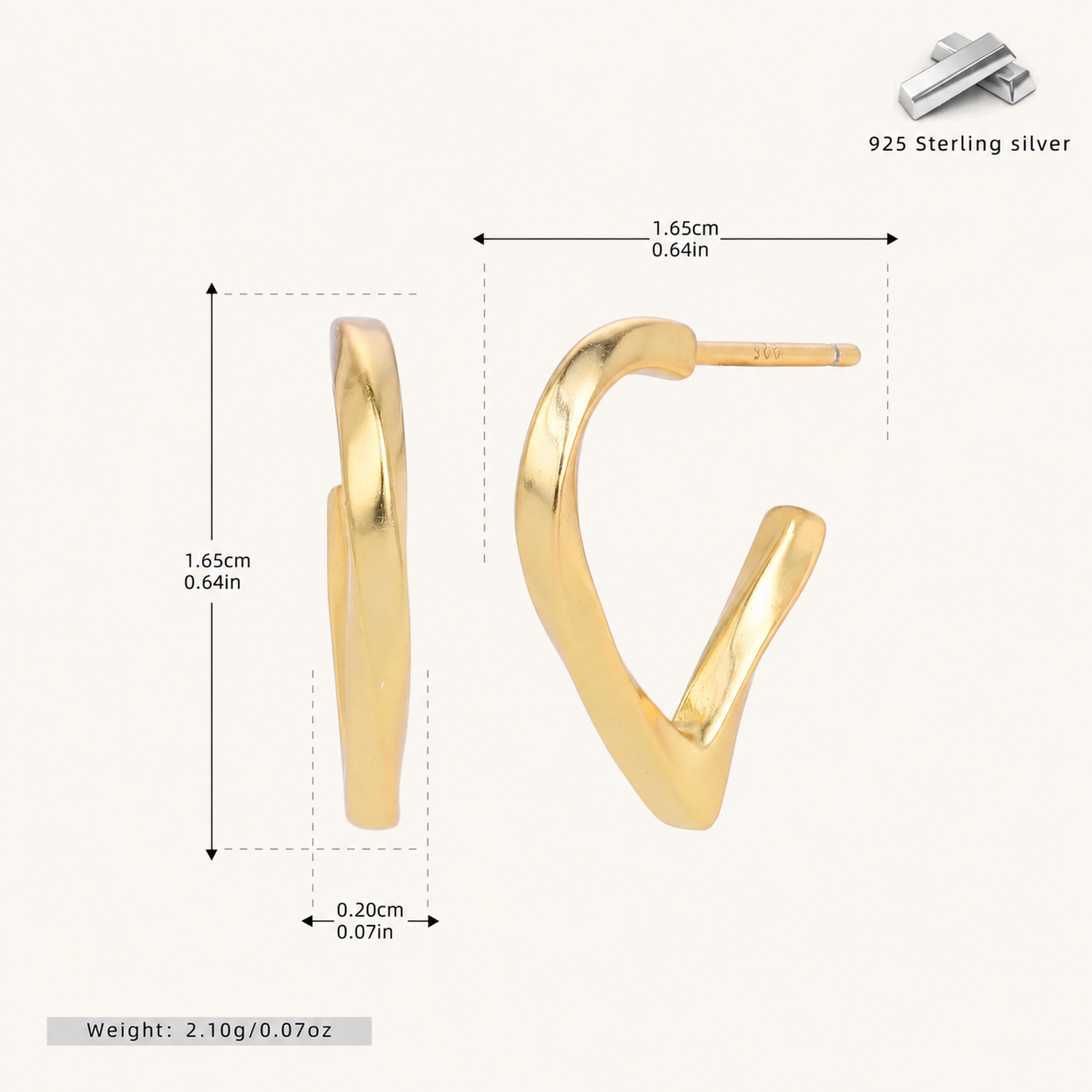 Sterling Silver Polished Heart Twist Stud Earrings - Gold