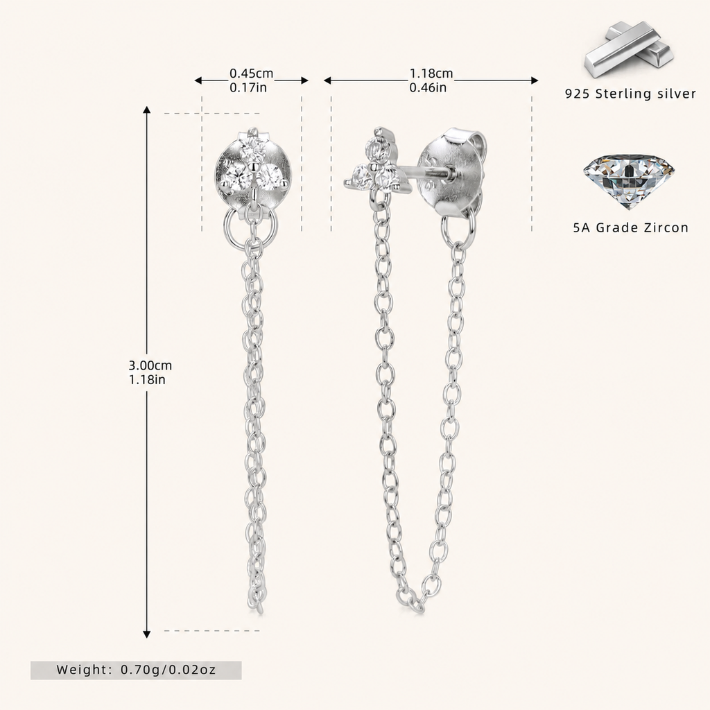 Sterling Silver Zirconia Chain Drop Stud Earrings - Platinum