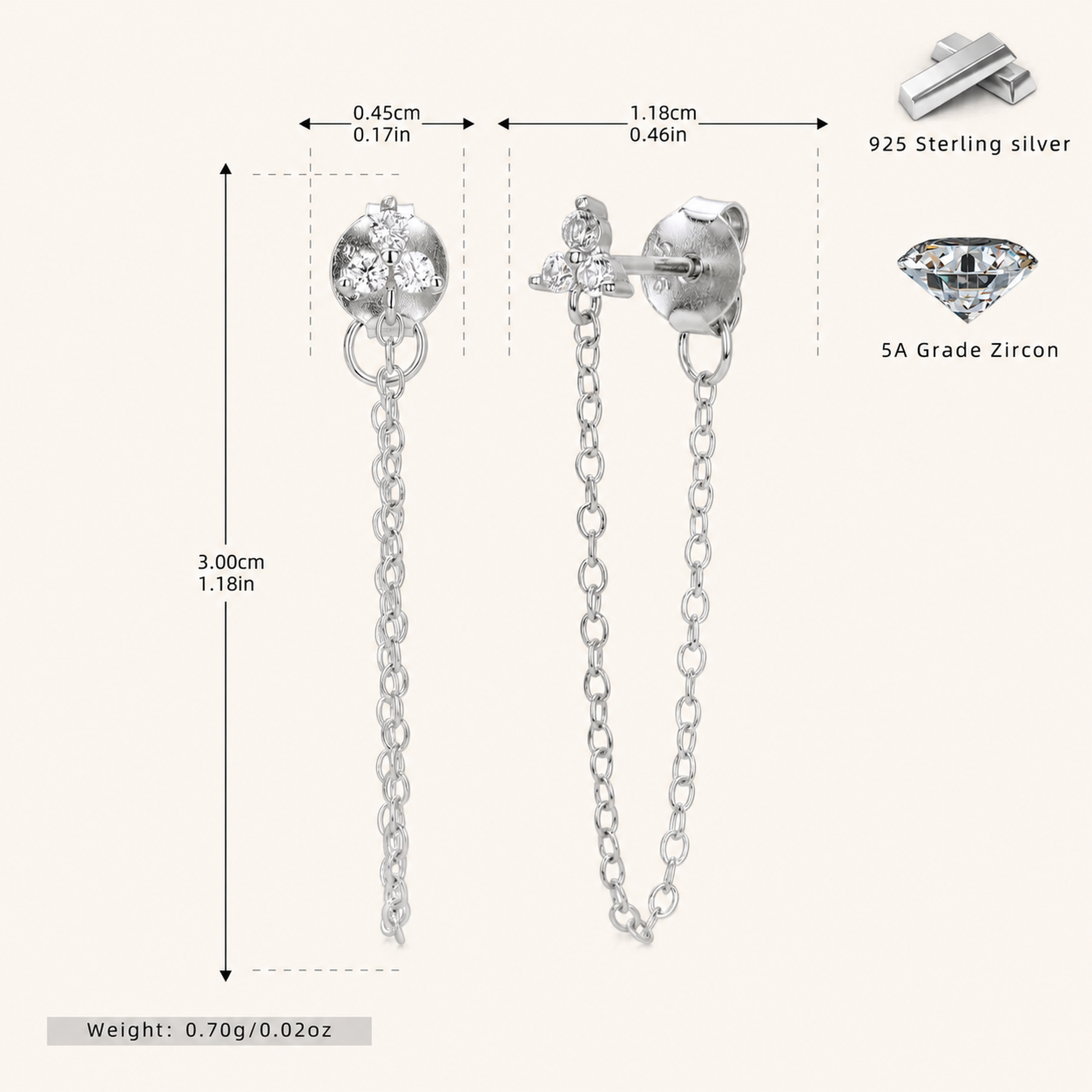 Sterling Silver Zirconia Chain Drop Stud Earrings - Platinum