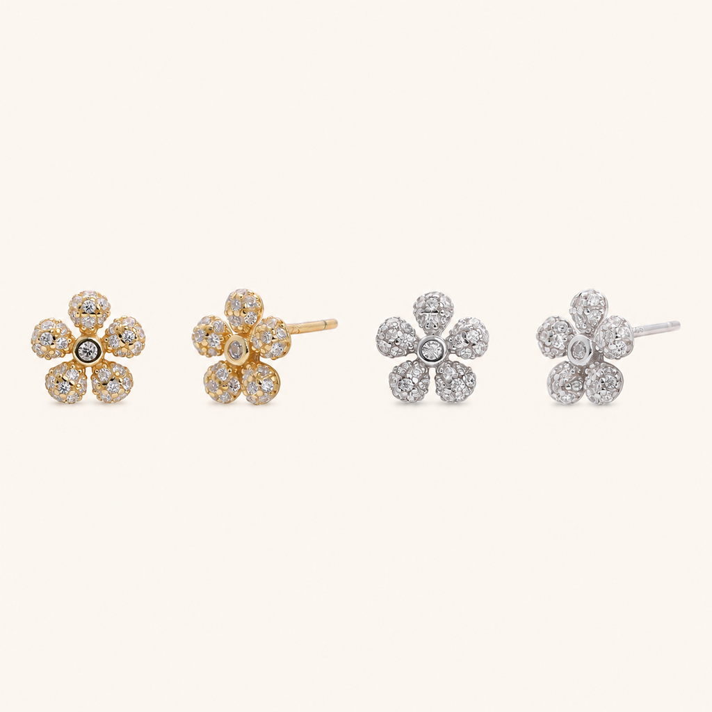 Sterling Silver Flower Zirconia Stud Earrings