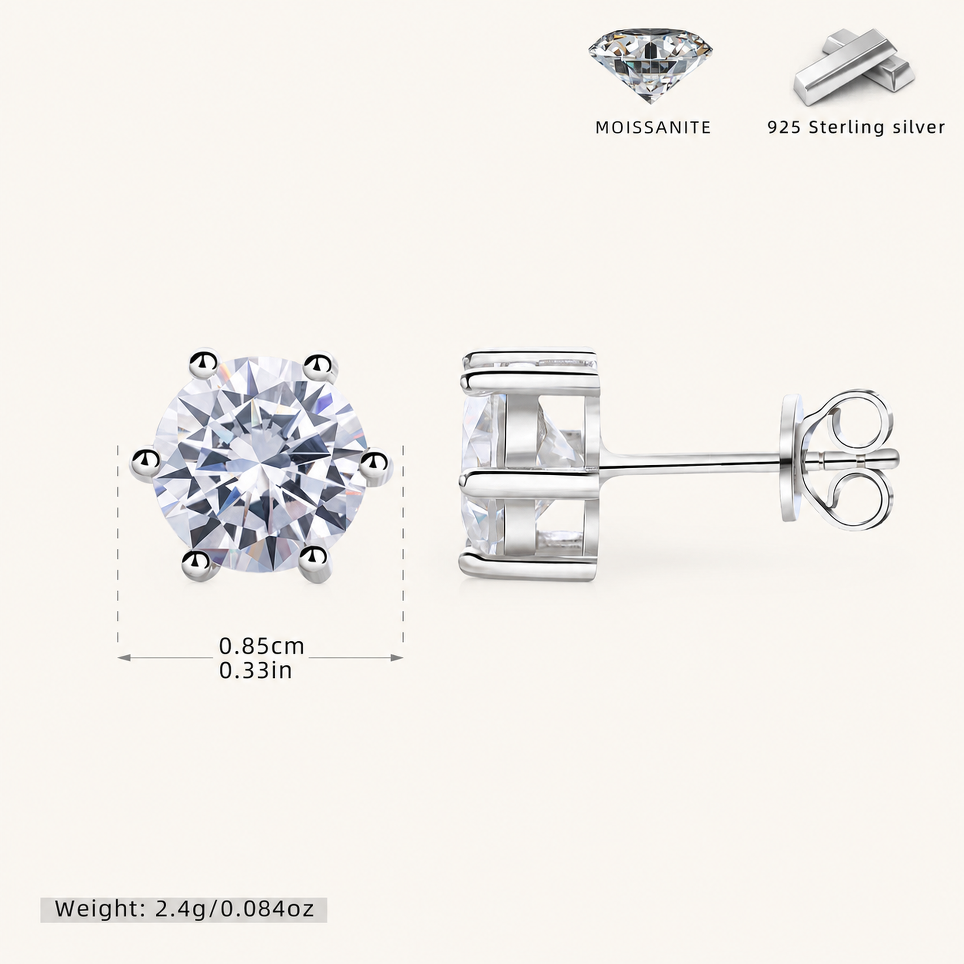 Sterling Silver Six-Prong Moissanite Stud Earrings - Platinum / 8mm