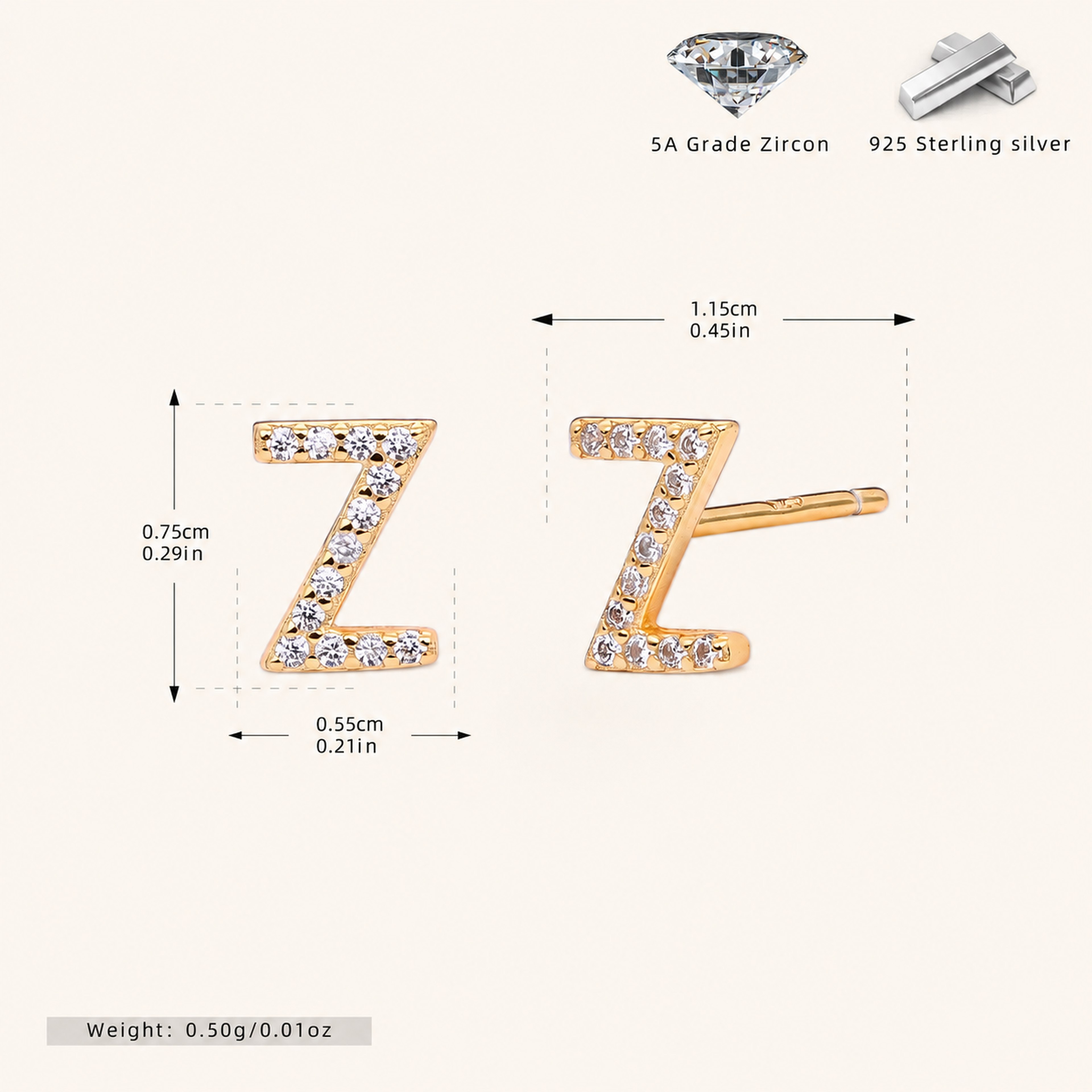 Sterling Silver Pave Initial Letter Stud Earrings - Gold / Z