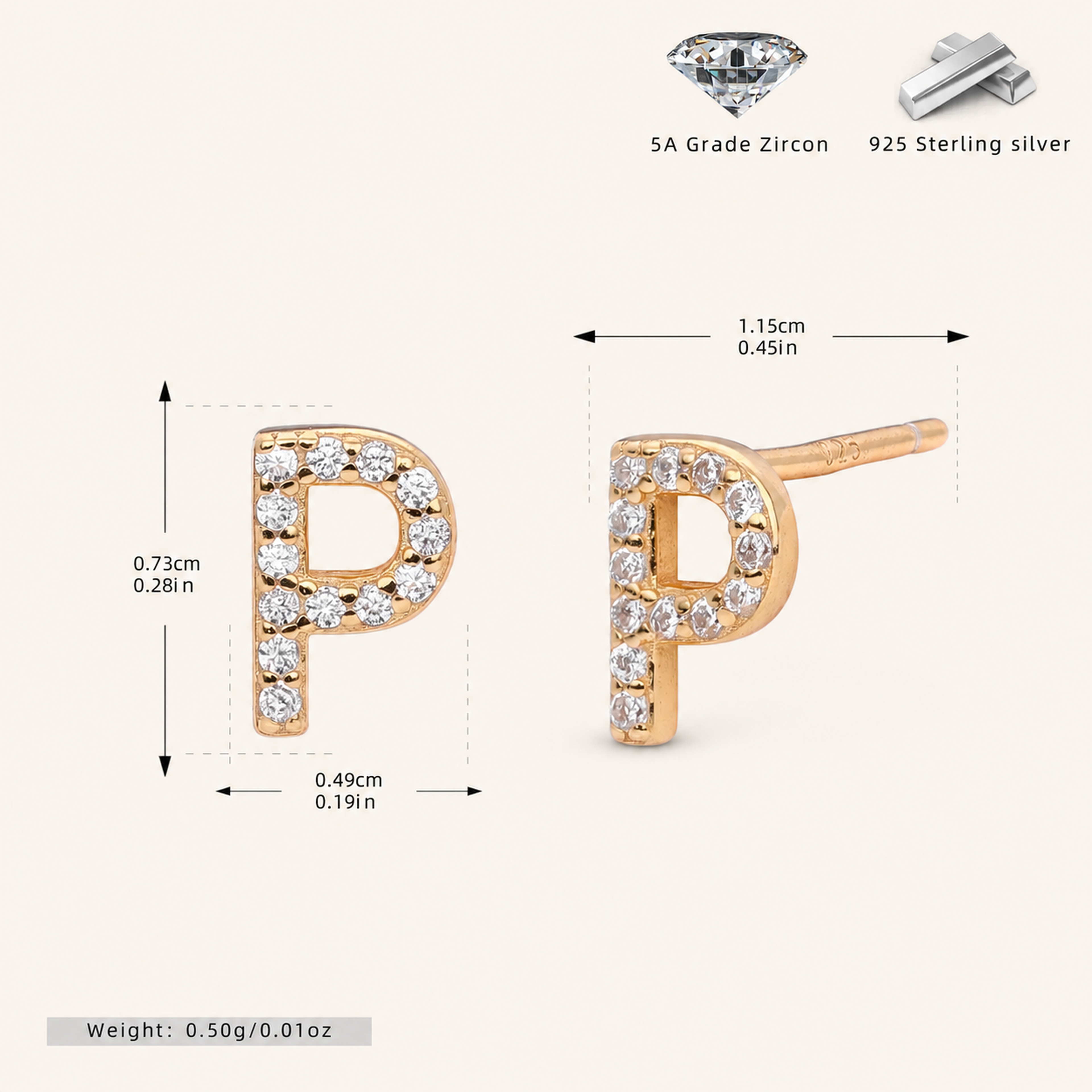 Sterling Silver Pave Initial Letter Stud Earrings - Gold / P