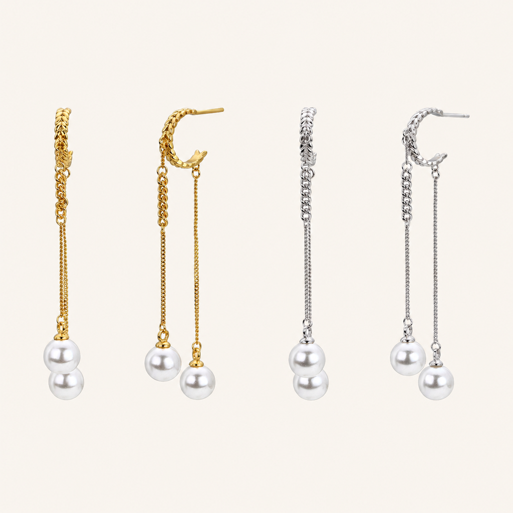 Sterling Silver Pearl Tassel Chain Drop Stud Earrings