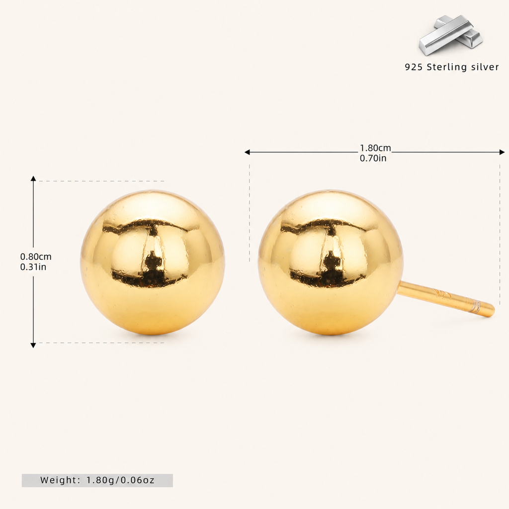 Sterling Silver Ball Bead Stud Earrings - Gold / 8mm