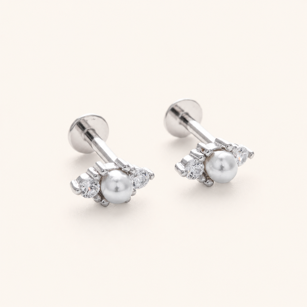 Sterling Silver Irregular Zirconia Pearl Flat Back Earrings detail view