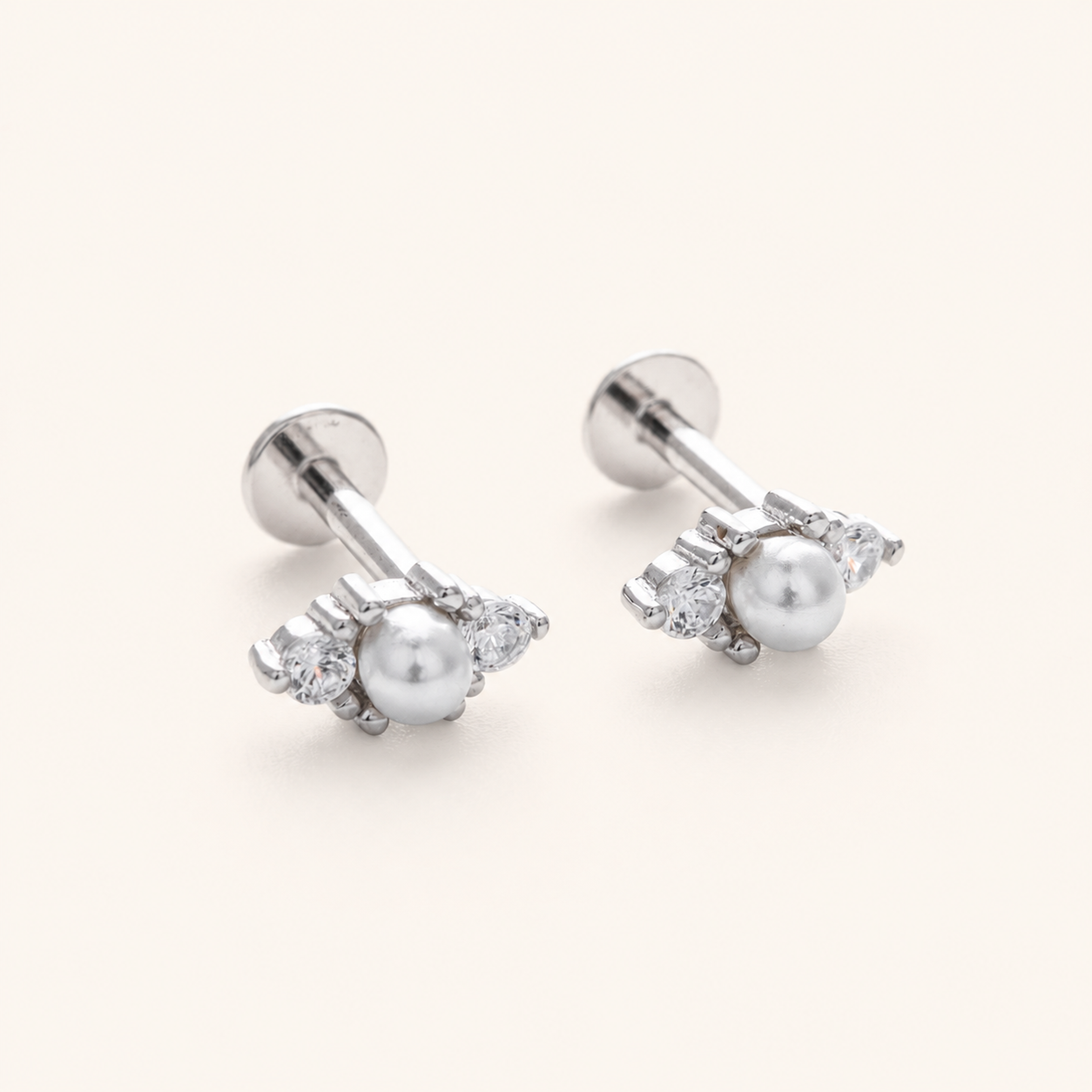 Sterling Silver Irregular Zirconia Pearl Flat Back Earrings detail view