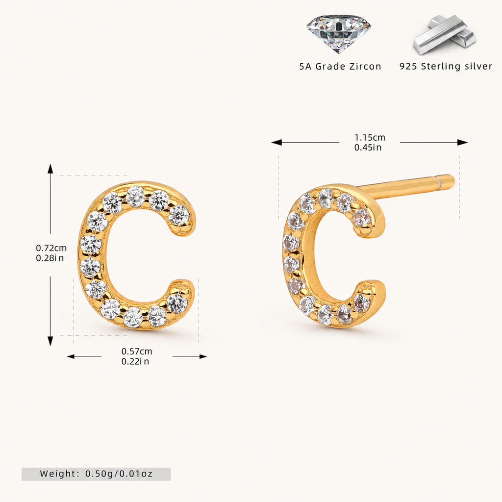 Sterling Silver Pave Initial Letter Stud Earrings - Gold / C