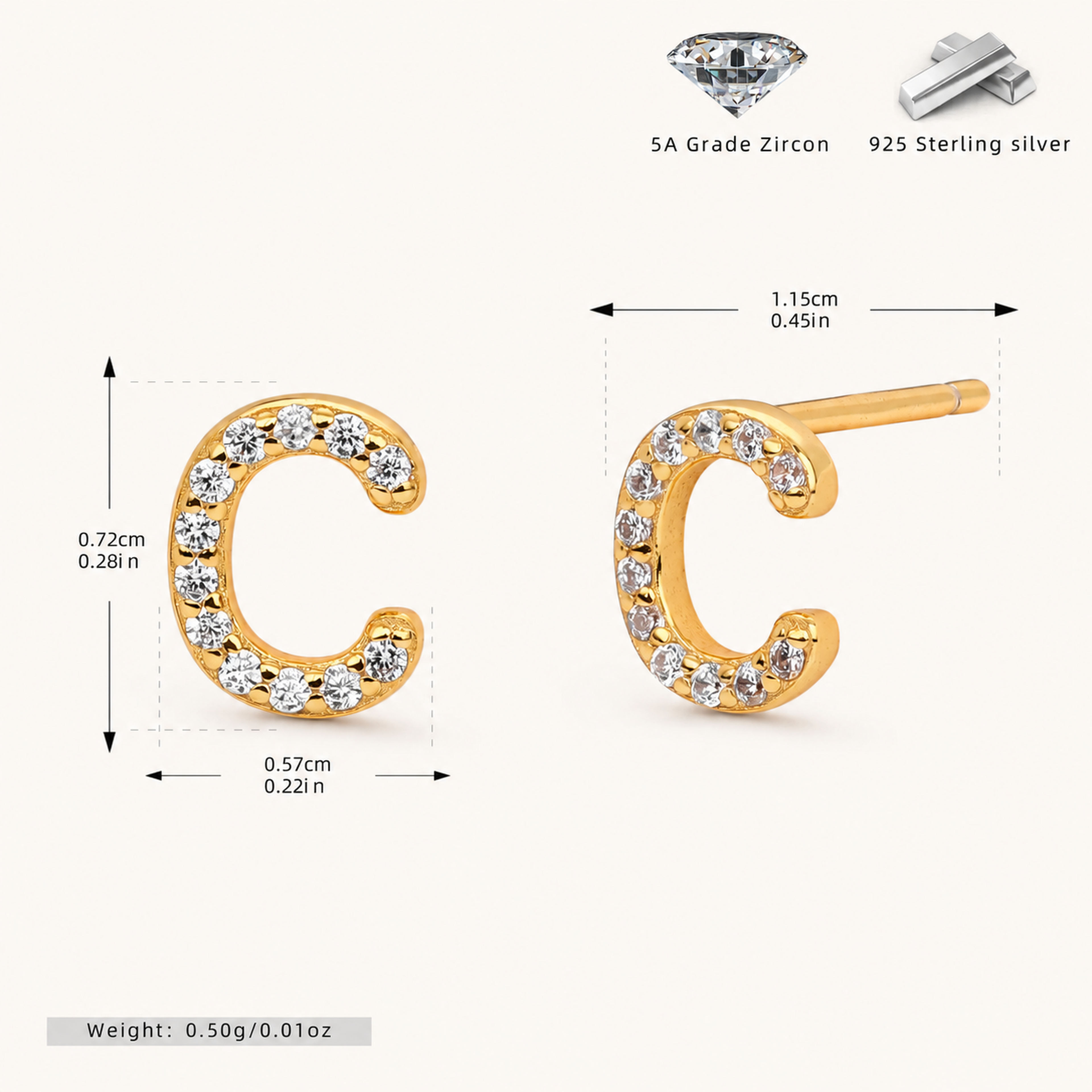 Sterling Silver Pave Initial Letter Stud Earrings - Gold / C