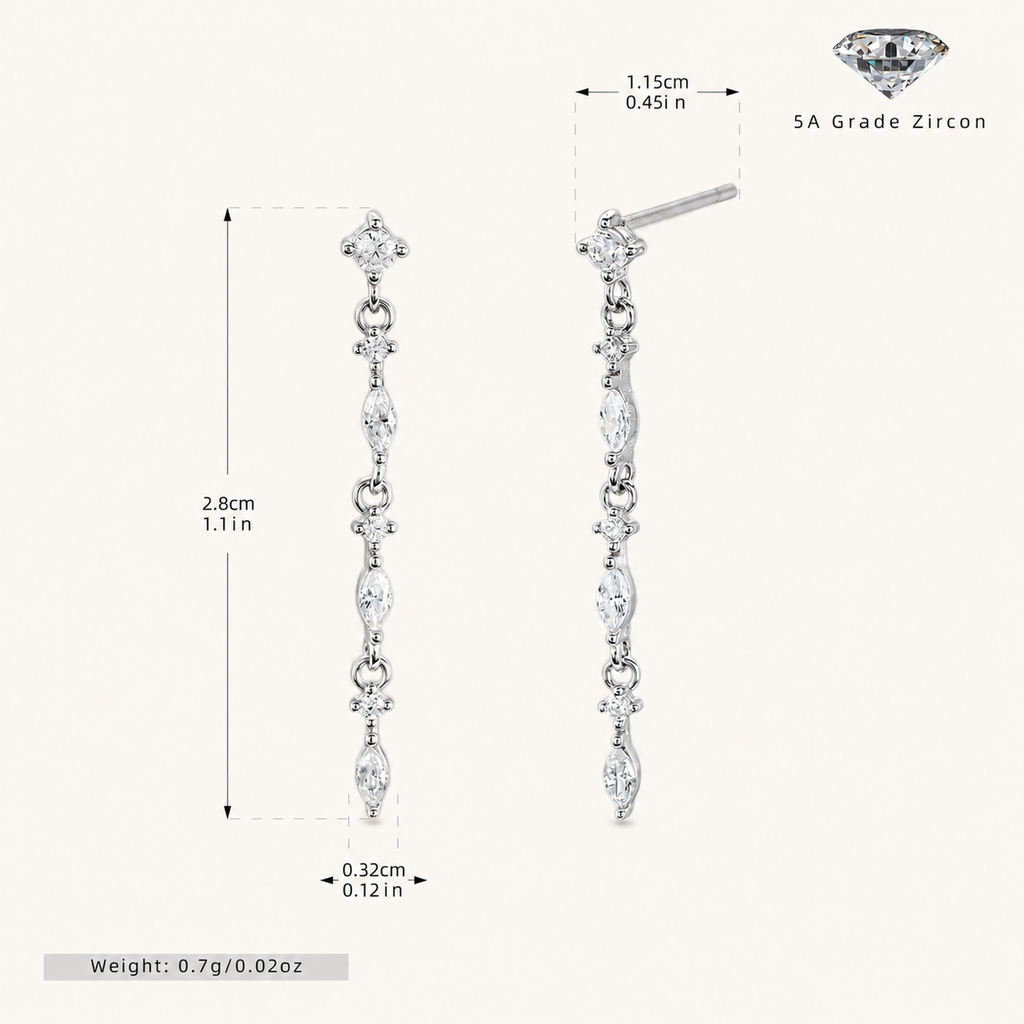 Sterling Silver Zirconia Chain Tassel Drop Stud Earrings - Platinum
