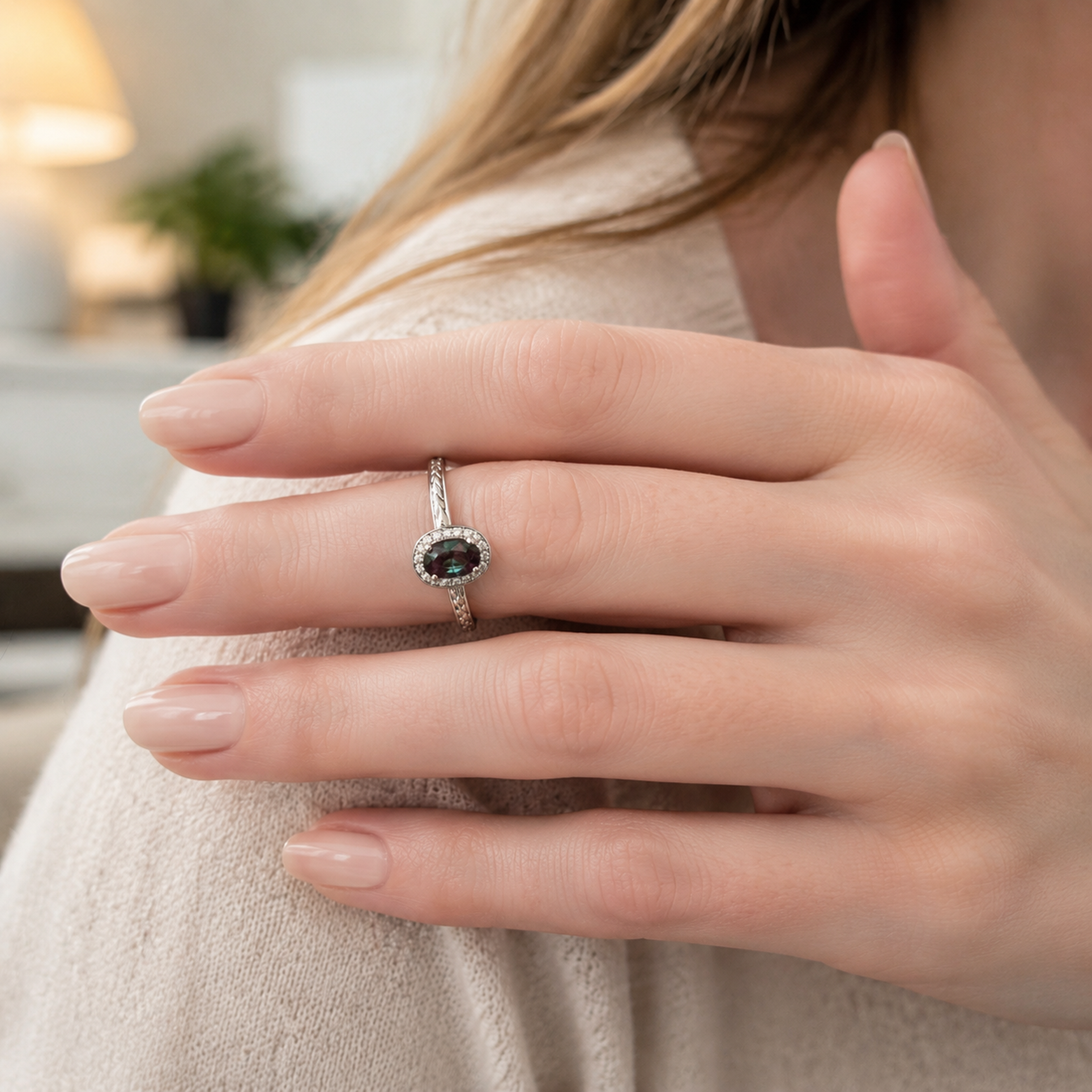 Willow Braid Lab-Grown Alexandrite Ring worn on hand
