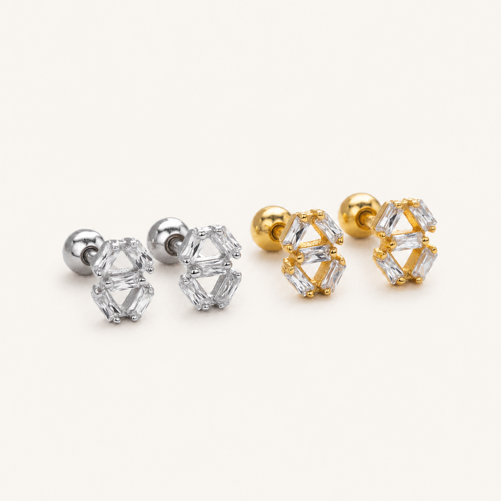 Sterling Silver Square Zirconia Flat Back Earrings detail