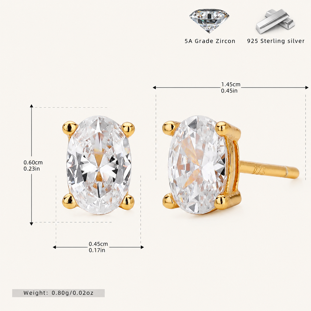 Sterling Silver Geometric Oval Zirconia Stud Earrings - Gold