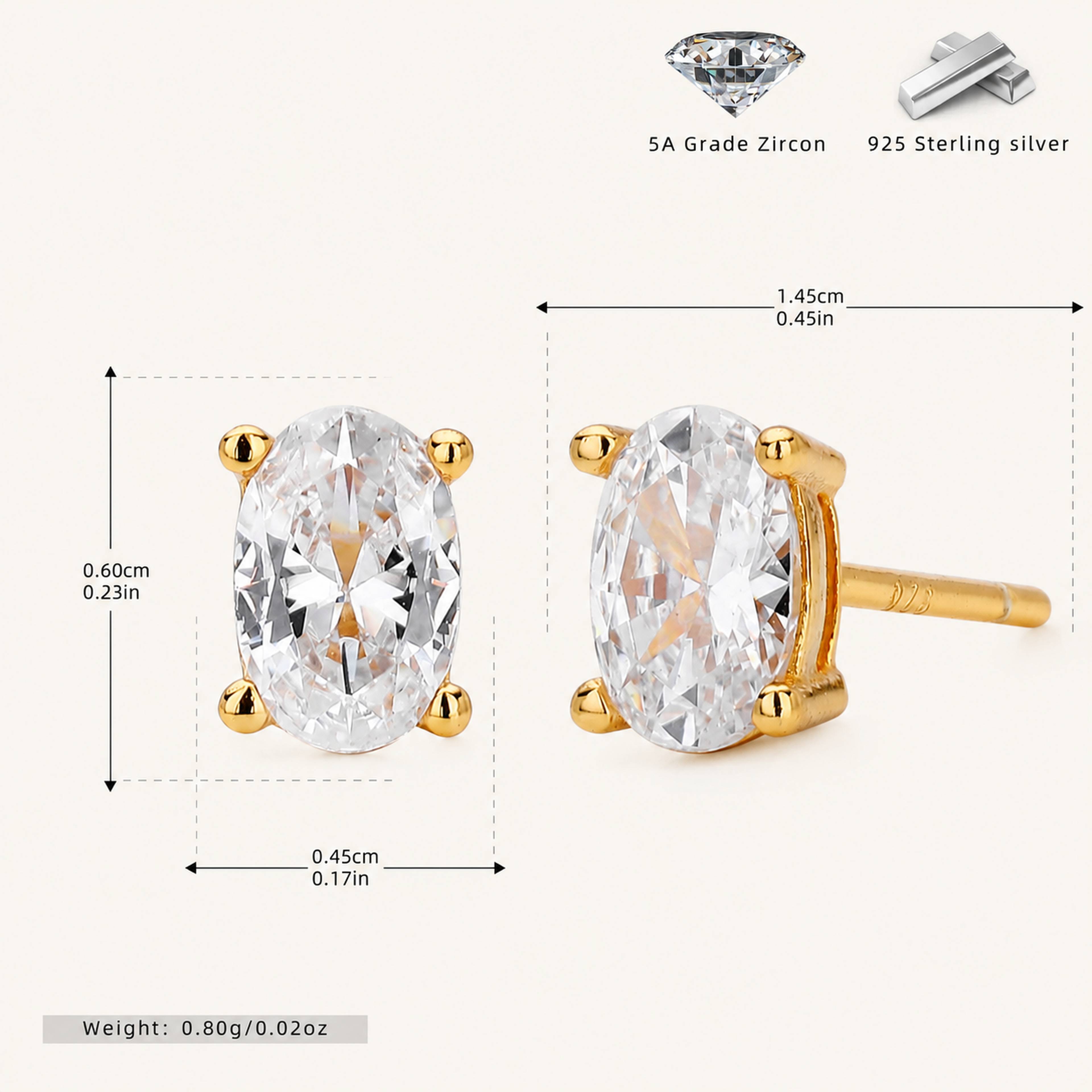 Sterling Silver Geometric Oval Zirconia Stud Earrings - Gold