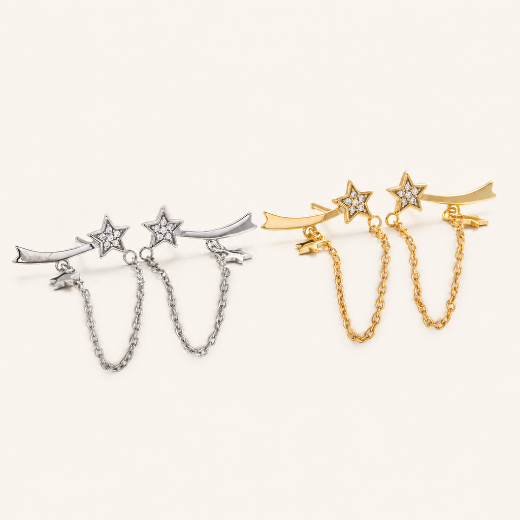 Sterling Silver Star Zirconia Chain Drop Stud Earrings detail view